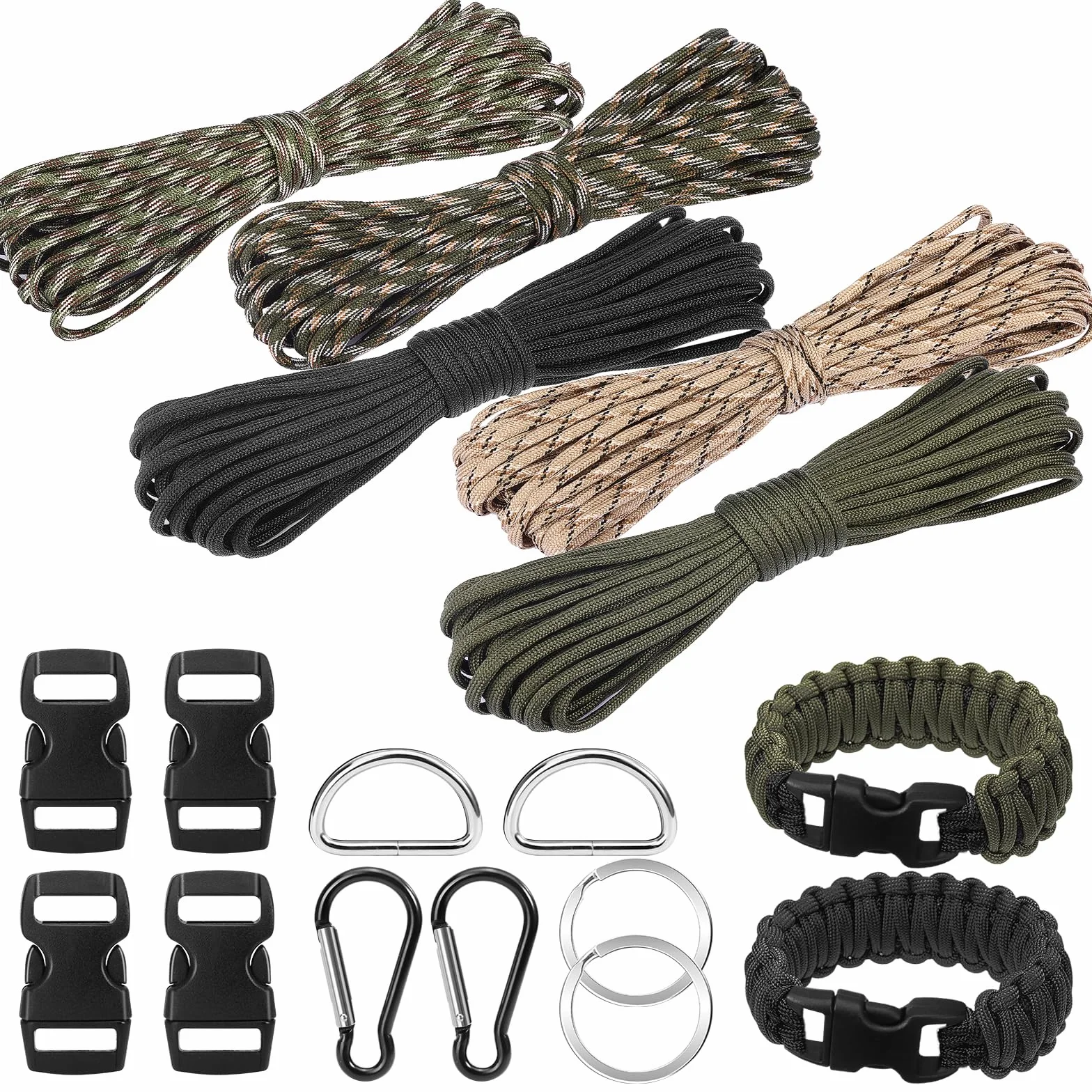 Kit Paracorde Bracelet 15 Pièces, Nylon 4mm x 10 m avec Boucles Mousquetons Porte-clés Anneaux en D pour DIY Plein Air