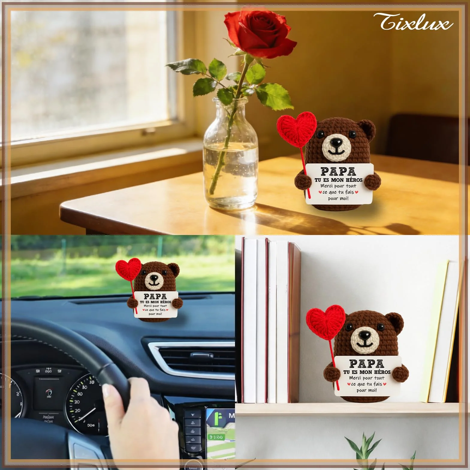 Tixlux Cadeau Papa Ourson Cœur Positif Fait Main Décoration Bureau Maison
