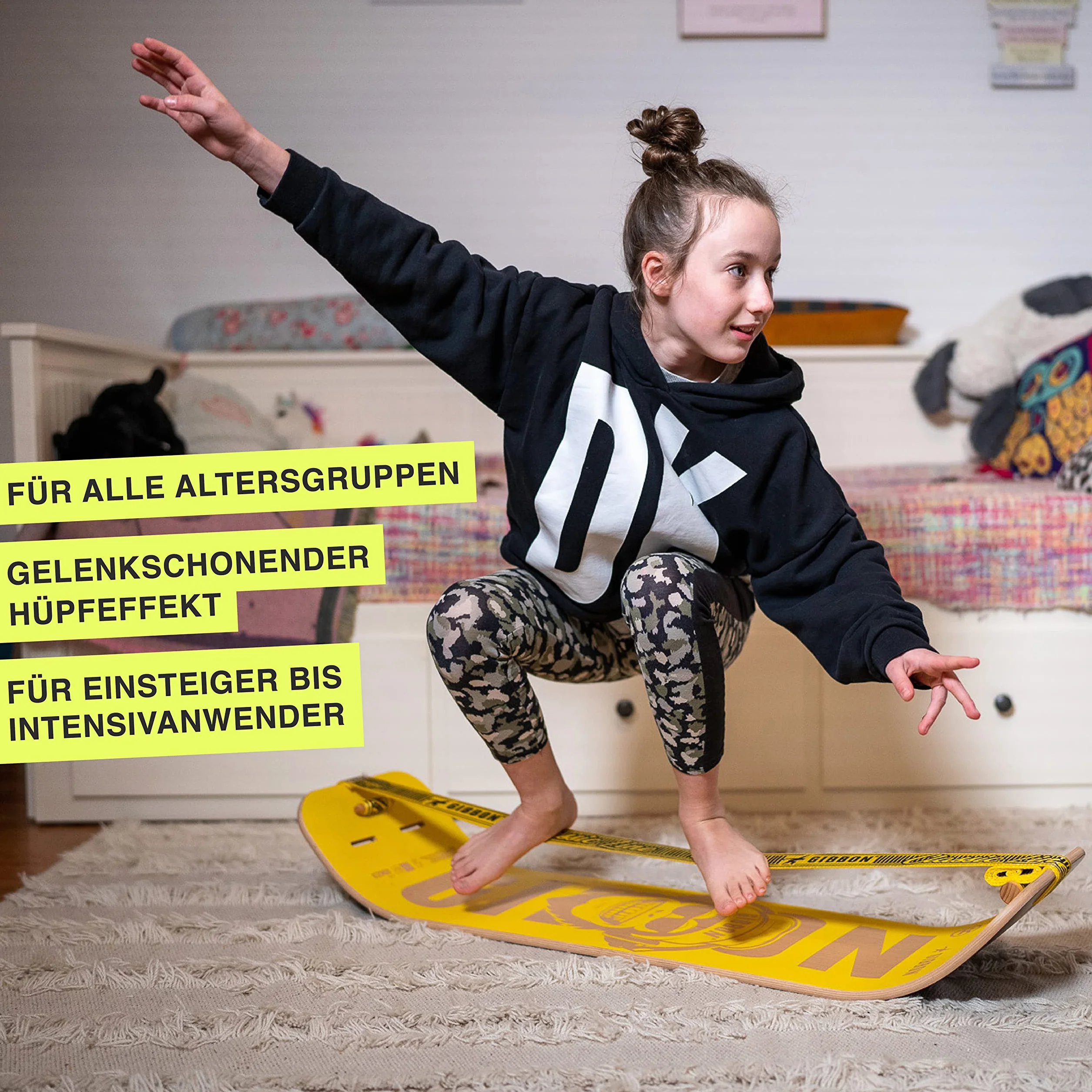 Gibbon GIBOARD Kit Ceasar - Planche d'équilibre Freestyle & Workout | Longueur 106 cm | JibLine Slackline | Système de verrouillage & roll | Coussinets en liège | Intérieur et extérieur | Bois