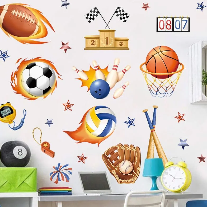 Autocollant Mural 3D Sports de Balle Football Rugby Basketball, Décoration Murale pour Chambre Enfants