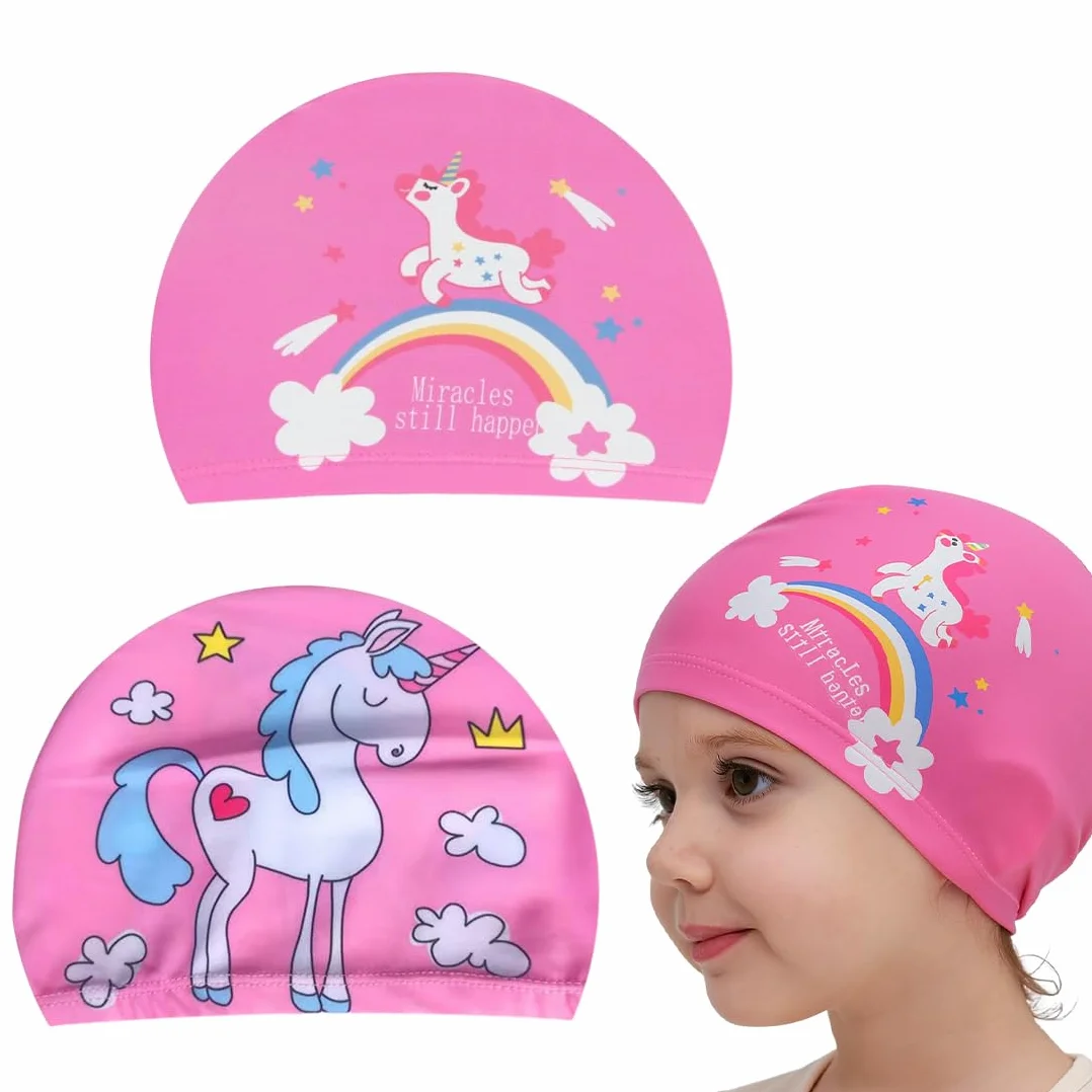 Lot de 2 bonnet piscine enfant imperméable licorne, bonnet de bain fille polyester rose 1-7 ans