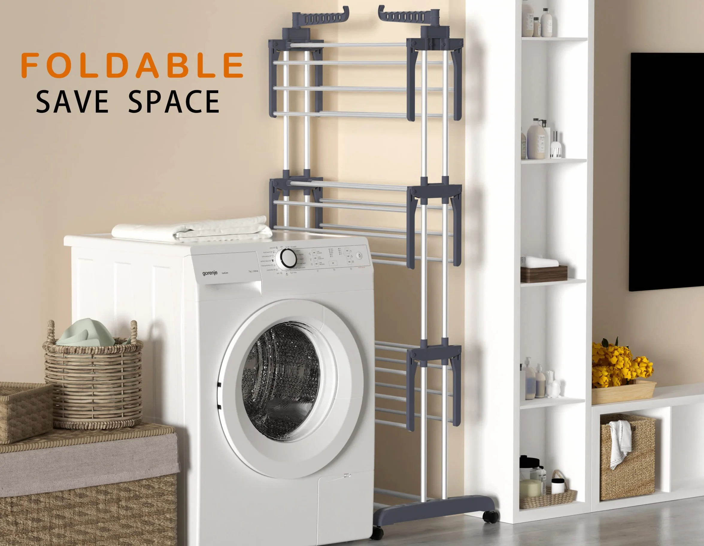 HOMIDEC Etendoir Linge Pliable 4 Niveaux Acier Inoxydable avec Roues Gris