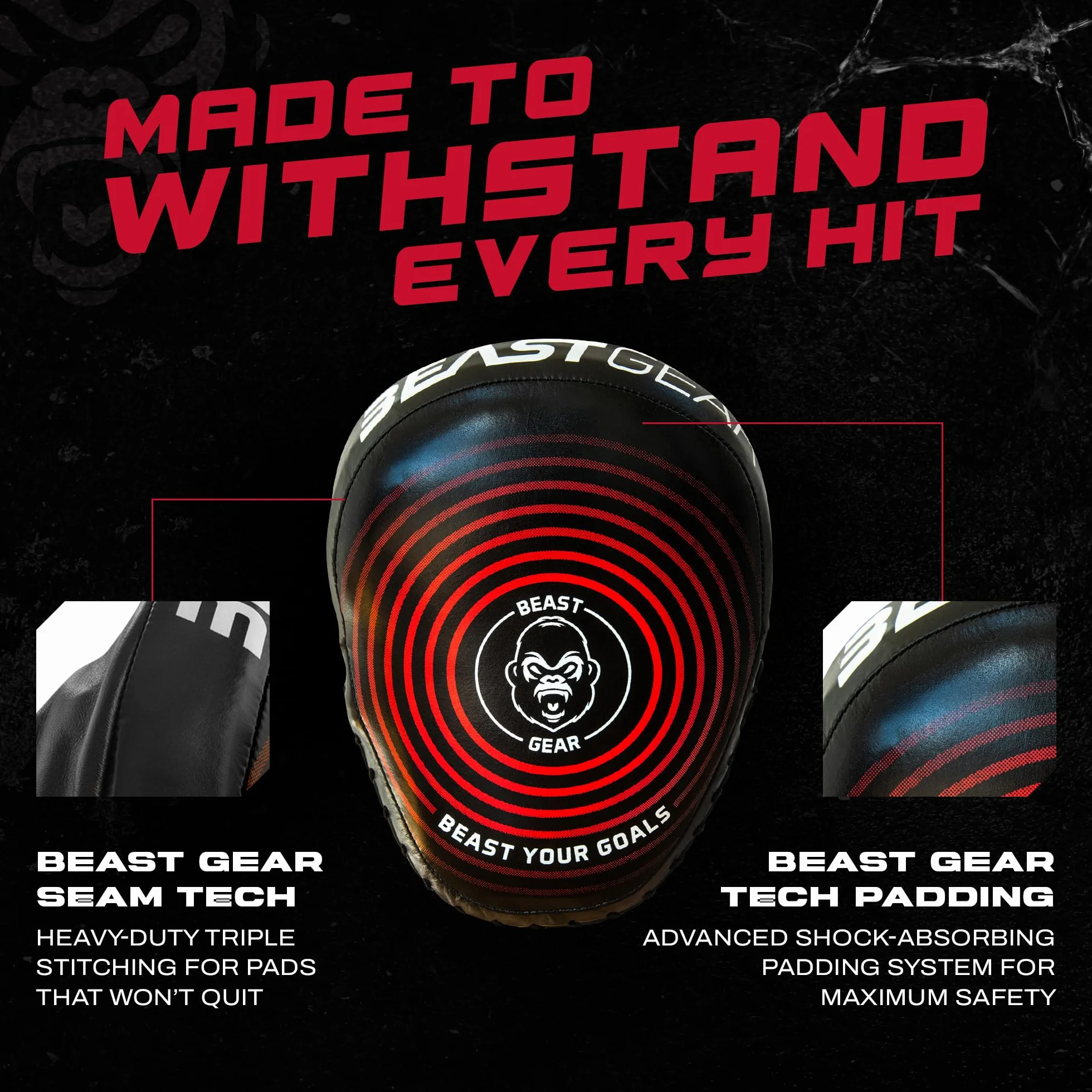 Beast Gear Mitts – Cuir Véritable Cible Focus – Design Incurvé avec Support de Poignet et Sangle Régler pour Crochet & Jab, MMA, Kickboxing & Muay Thai