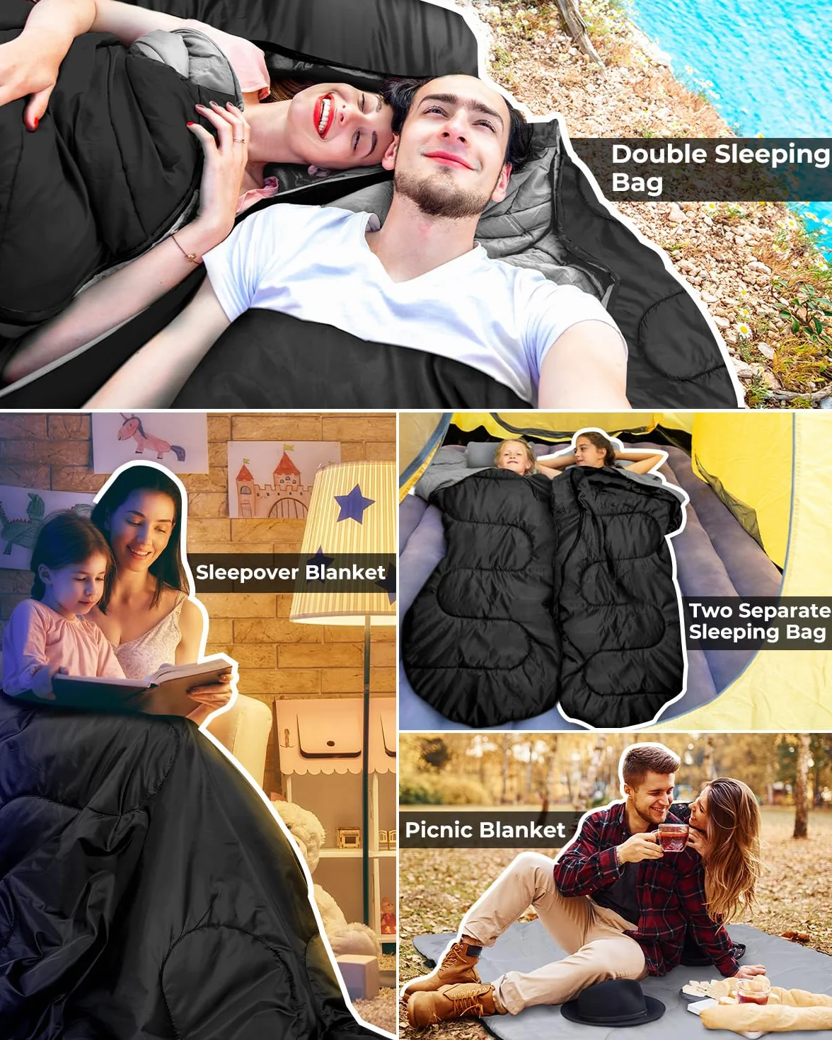 Ohuhu Sac de Couchage 2 Personnes 220x150cm Rectangulaire Camping avec Oreillers 2.75kg/3.5kg