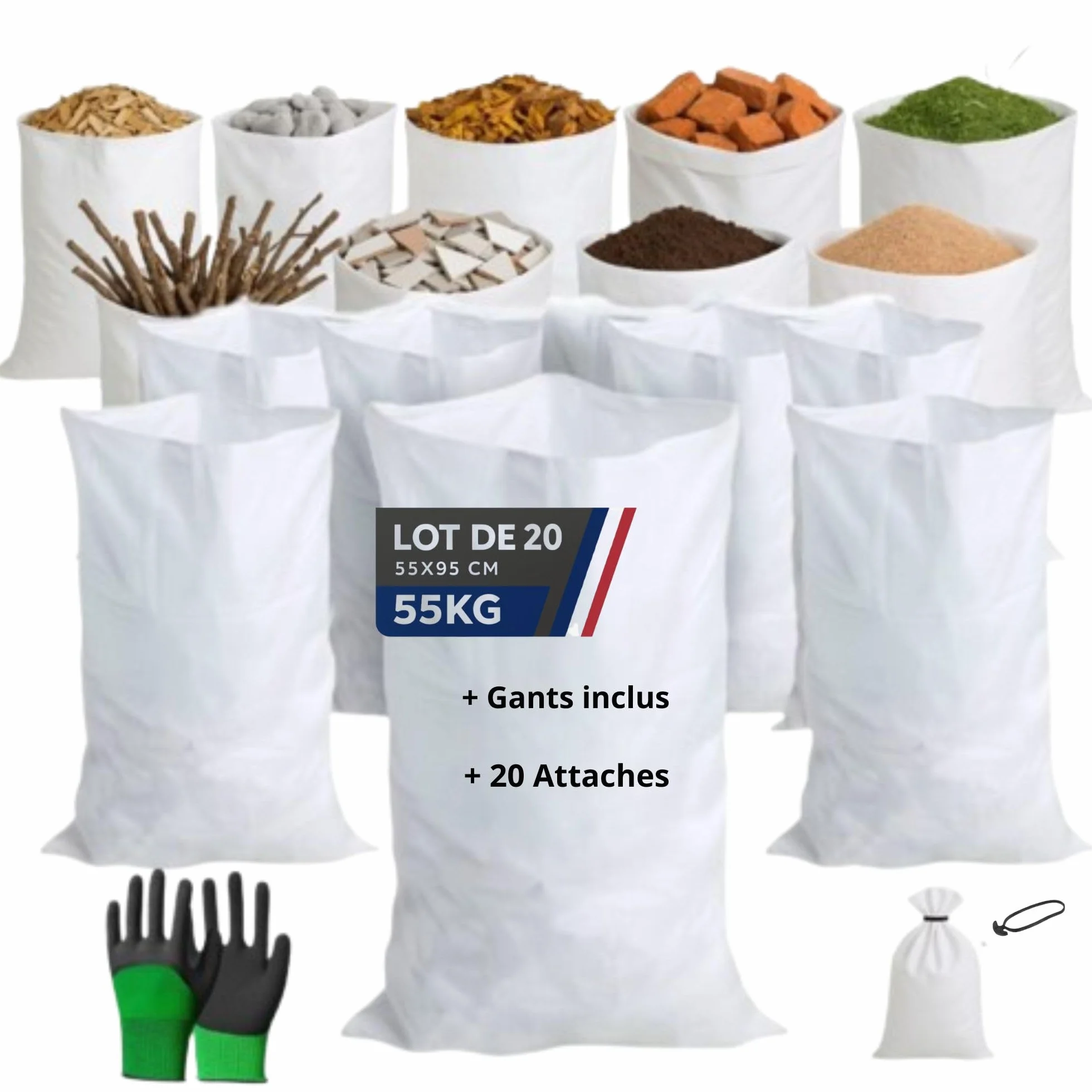 Sacs de Gravats 64L 95x55 cm Polypropylène Tissé Blanc 20 Attaches Caoutchouc Gants Résiste 55 kg Réutilisables