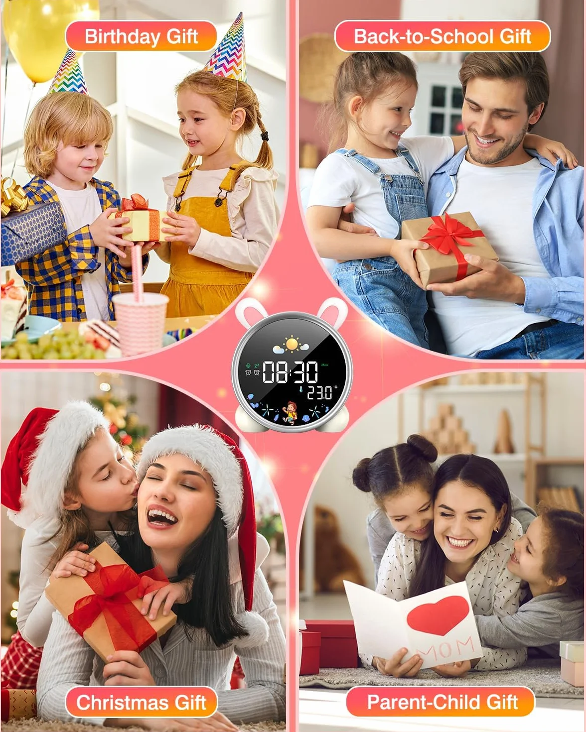 Réveil Enfant LED LEMNOI Lumineux 5 Couleurs Jour Nuit Double Alarme Température Snooze Lapin