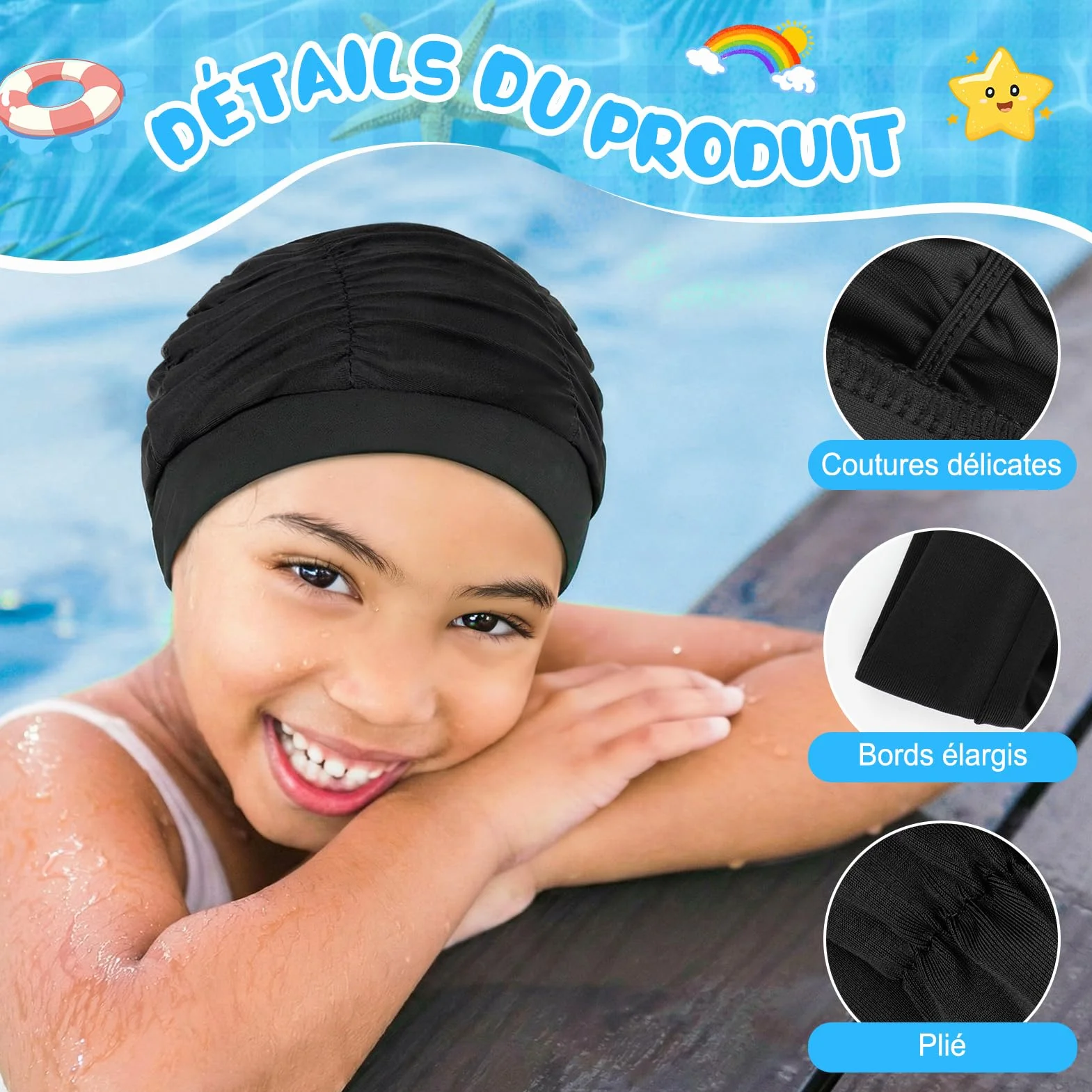 Kiiwah 2 Pièces Bonnet de Bain Enfant, Bonnet de Piscine en Tissu Plissé Extensible pour Cheveux Longs et Courts