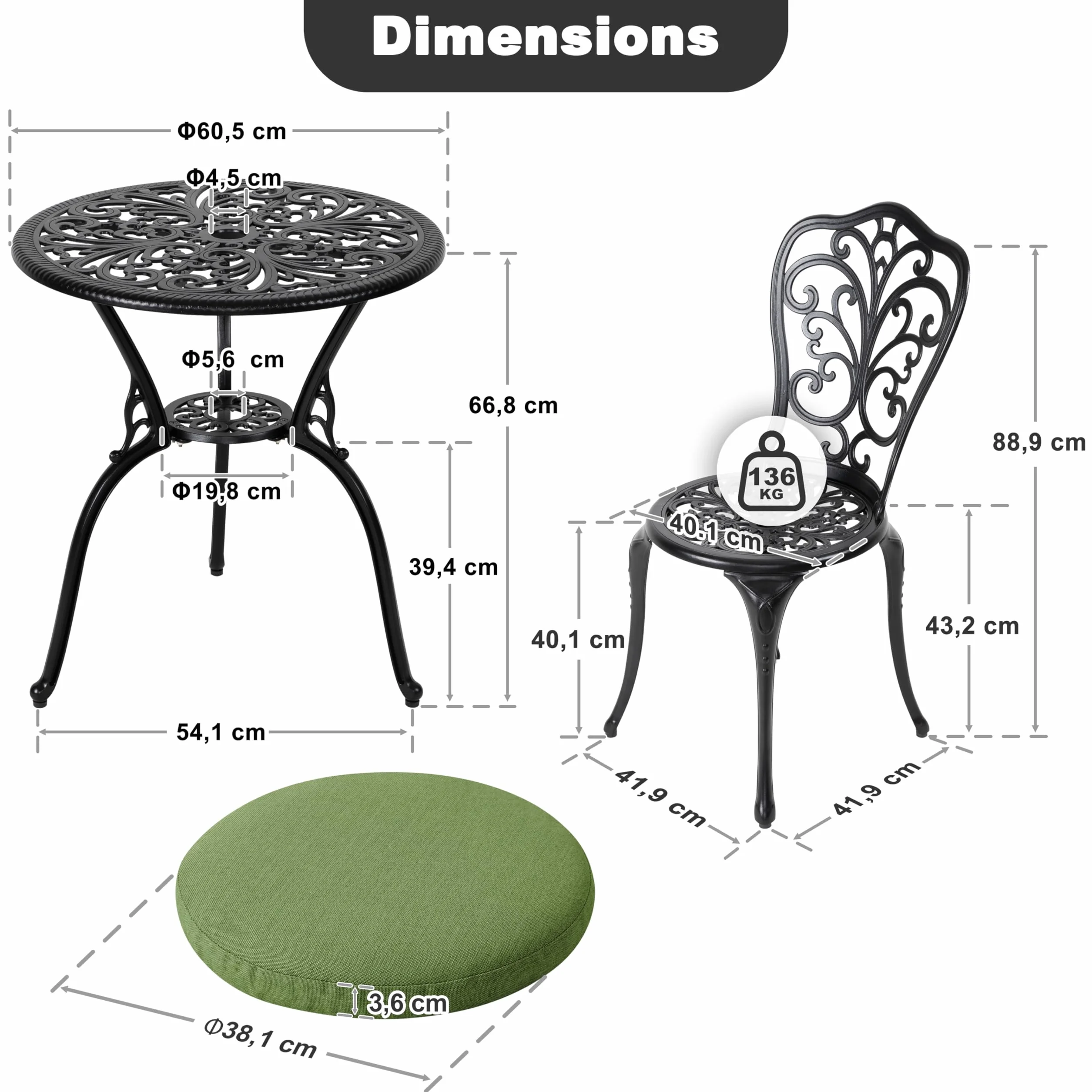 Avestar Ensemble de Jardin 3 Pièces avec Trou pour Parasol, Table et 2 Chaises Vert, Aluminium, Noir