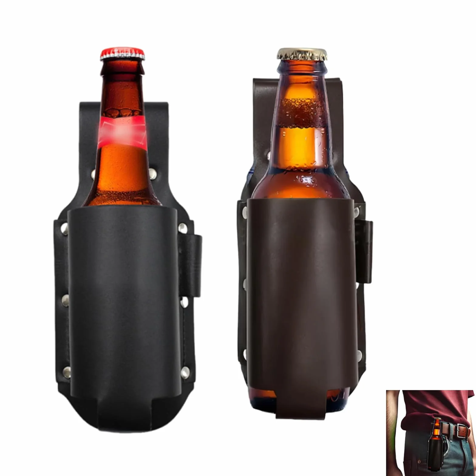 Bière Holster,2 Pièces PU Porte-Bouteille en Cuir,Porte-Bouteille pour Voyage,Ceinture de Bière,PU Étui en Cuir Beer Holster Universal pour Barbecue,Camping,Voyage,Fête,Extérieur