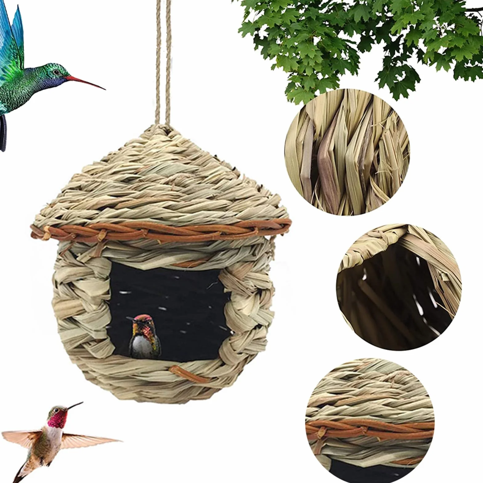Nichoir Oiseaux Tissé à la Main 2 Pièces Suspendu pour Jardin Colibris Perruche