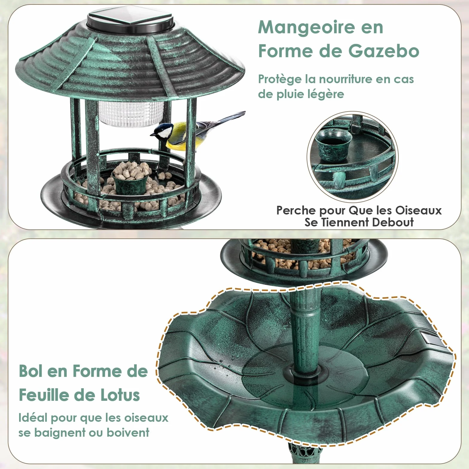 GOPLUS Mangeoire Oiseaux Extérieur Solaire, Bain d'oiseaux sur Pied avec 2 Lampes Solaire, 43x110cm, Vert