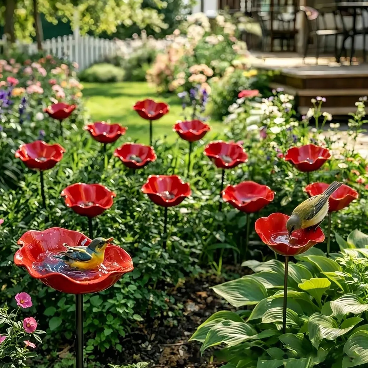 Jardinière de Jardin en Métal Faite à la Main, Bassin pour Oiseaux et Fleurs d'Extérieur, Décoration pour Pelouse, Cour et Jardin (Rose Rouge)