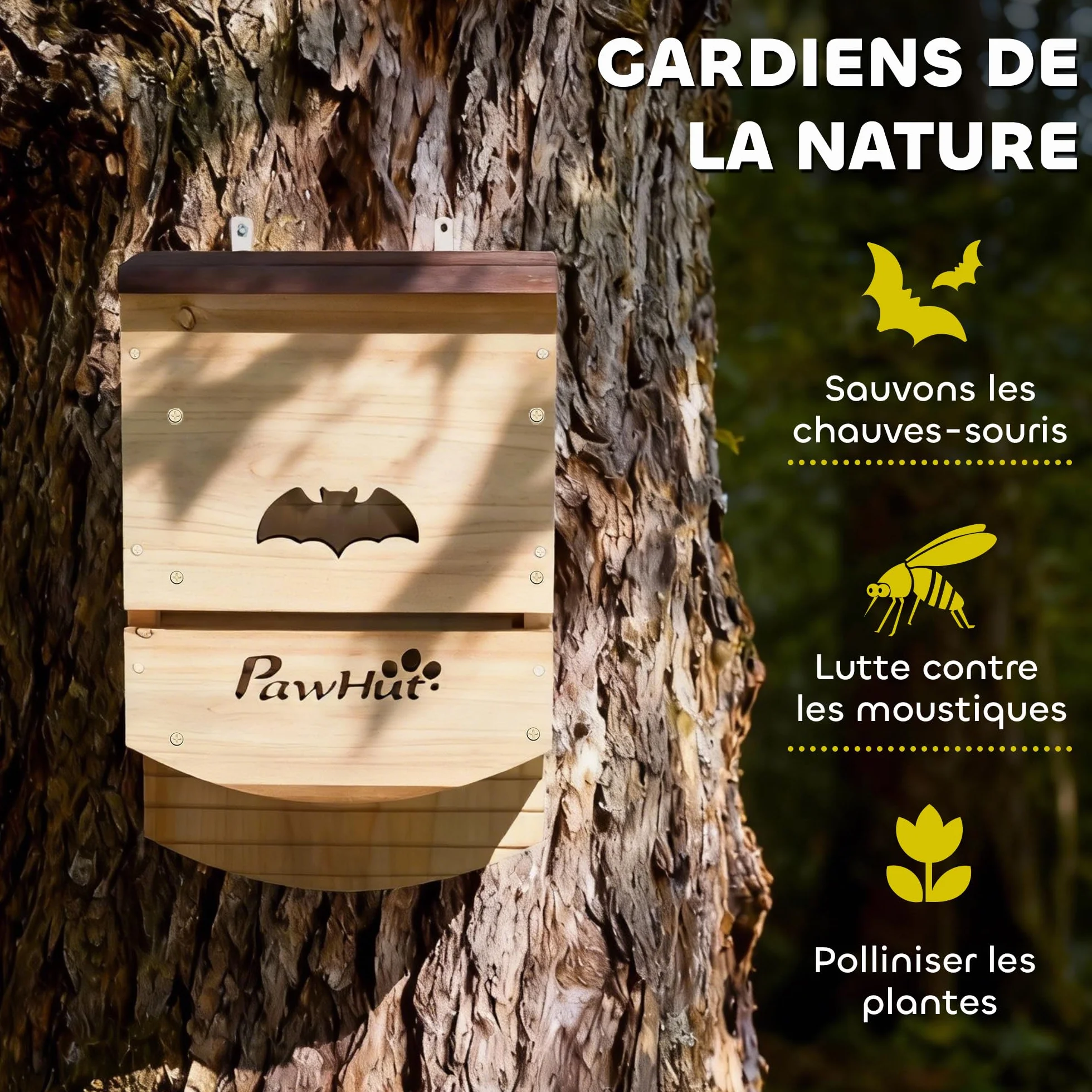 PawHut Lot de 3 Nichoirs Chauve Souris en Bois avec Plateforme Rainurée, 23 x 9,5 x 36,5 cm