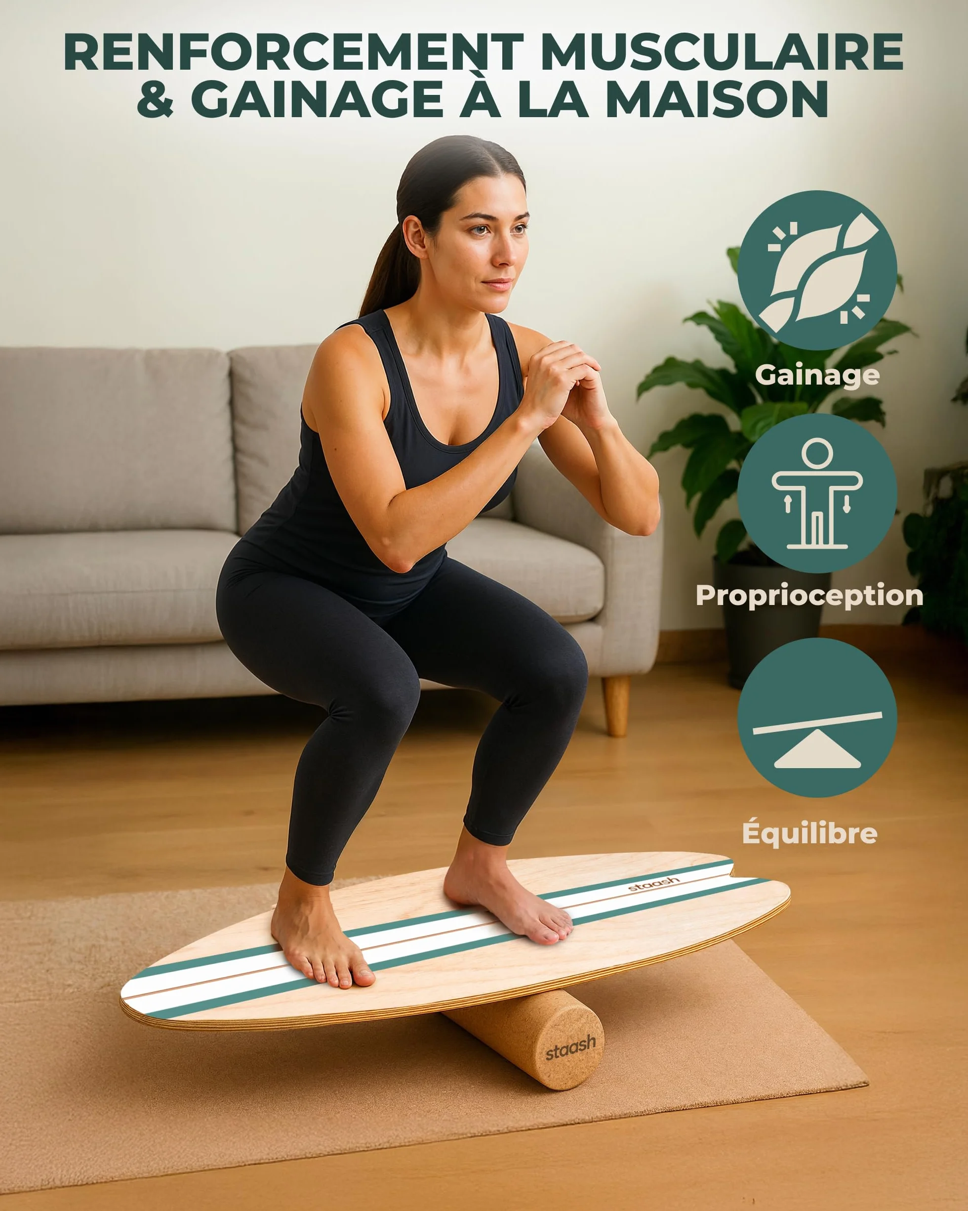 STAASH Balance Board en Bois Premium – Planche d'Équilibre Antidérapante avec Rouleau en Liège pour Surf, Fitness, Yoga et Rééducation