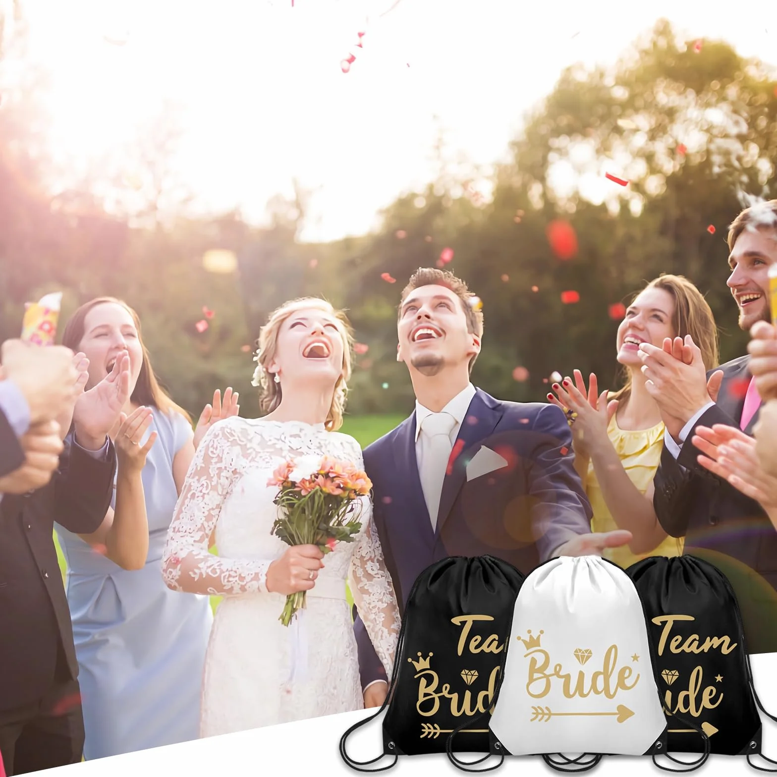 Lot de 8 sacs de gym avec cordon de serrage - Pour enterrement de vie de jeune fille - Pour fiançailles, JGA - Cadeau de mariage, Noir