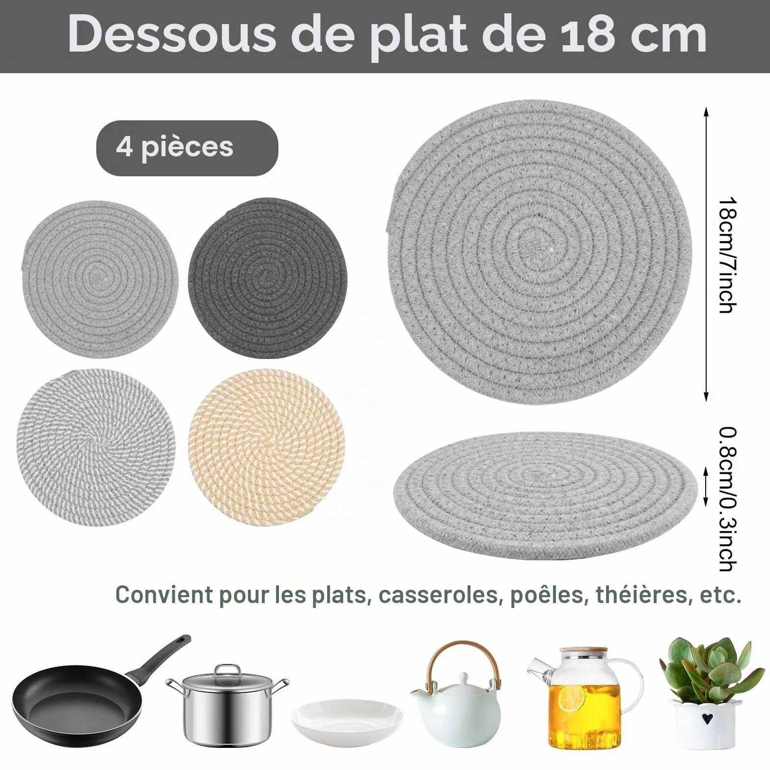Lot de 4 Dessous de Plats Résistants à la Chaleur 18 cm en Coton Tissé Ronds