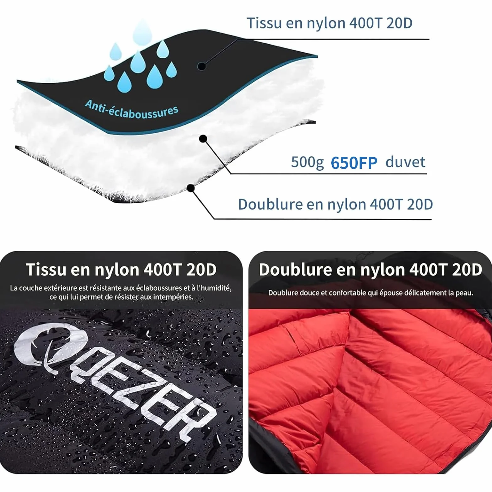 Sac de Couchage Adulte，Sac de Couchage en Duvet, 650 FP Pouvoir gonflant, Ultra-léger et Portable, 8℃ à -30℃, 4 Saisons, idéal pour Camping et randonnée