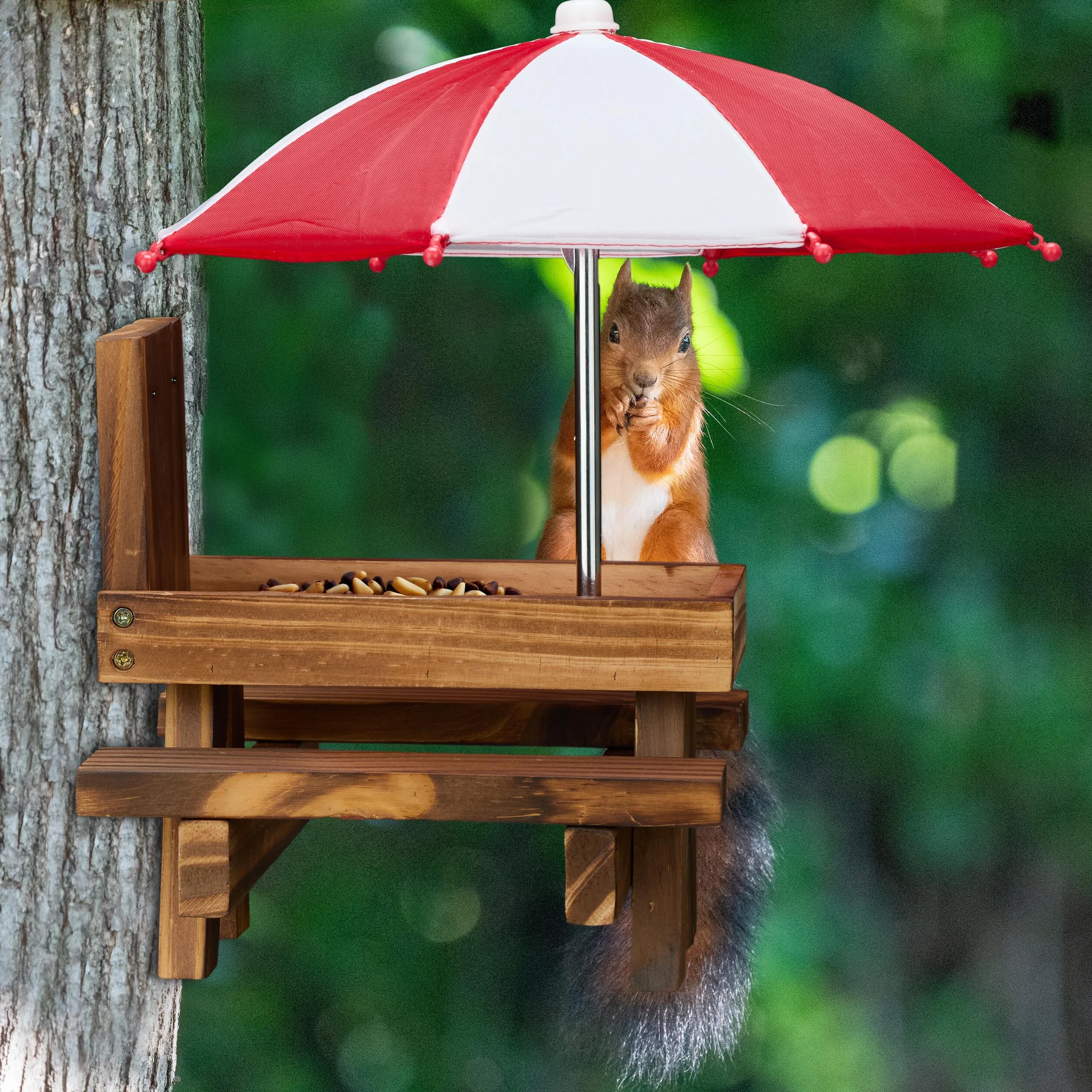 Relaxdays Mangeoire pour écureuils Design Original 2 parasols Table avec bancs Marron foncé