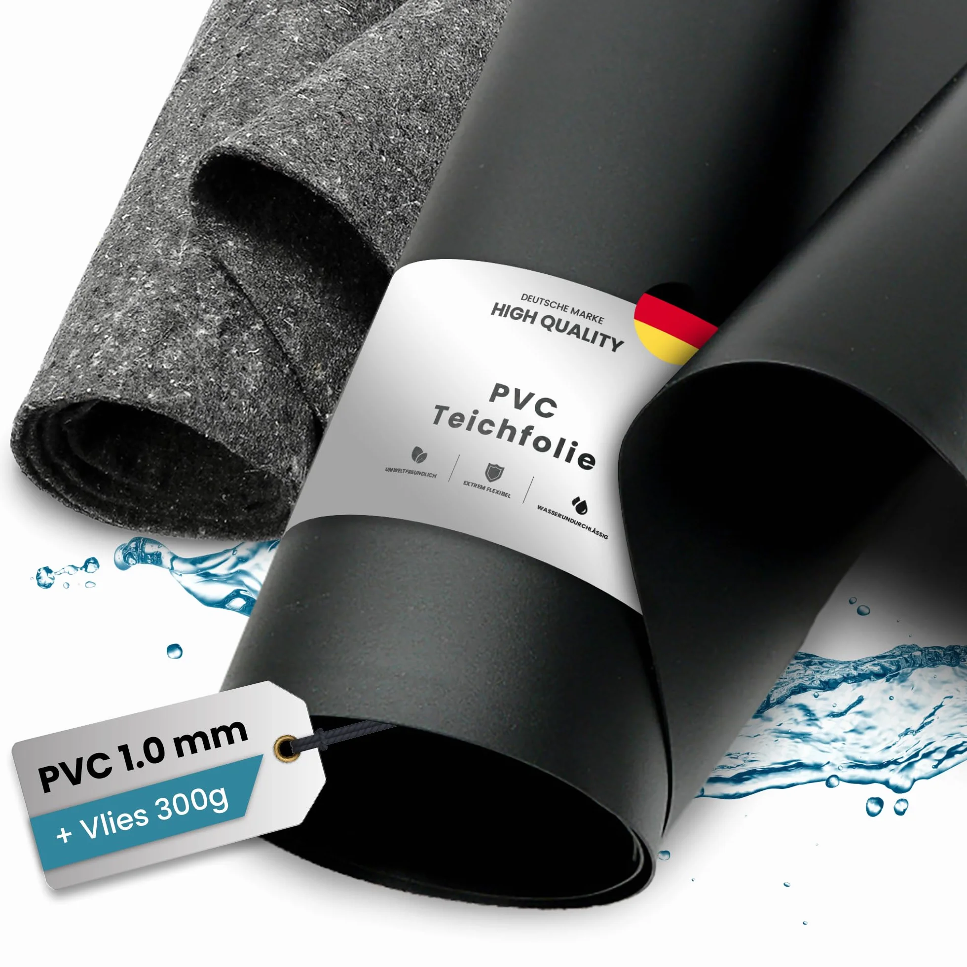 Bâche en PVC noir pour bassin 1 mm 2 m x 1,5 m vlies 300 g