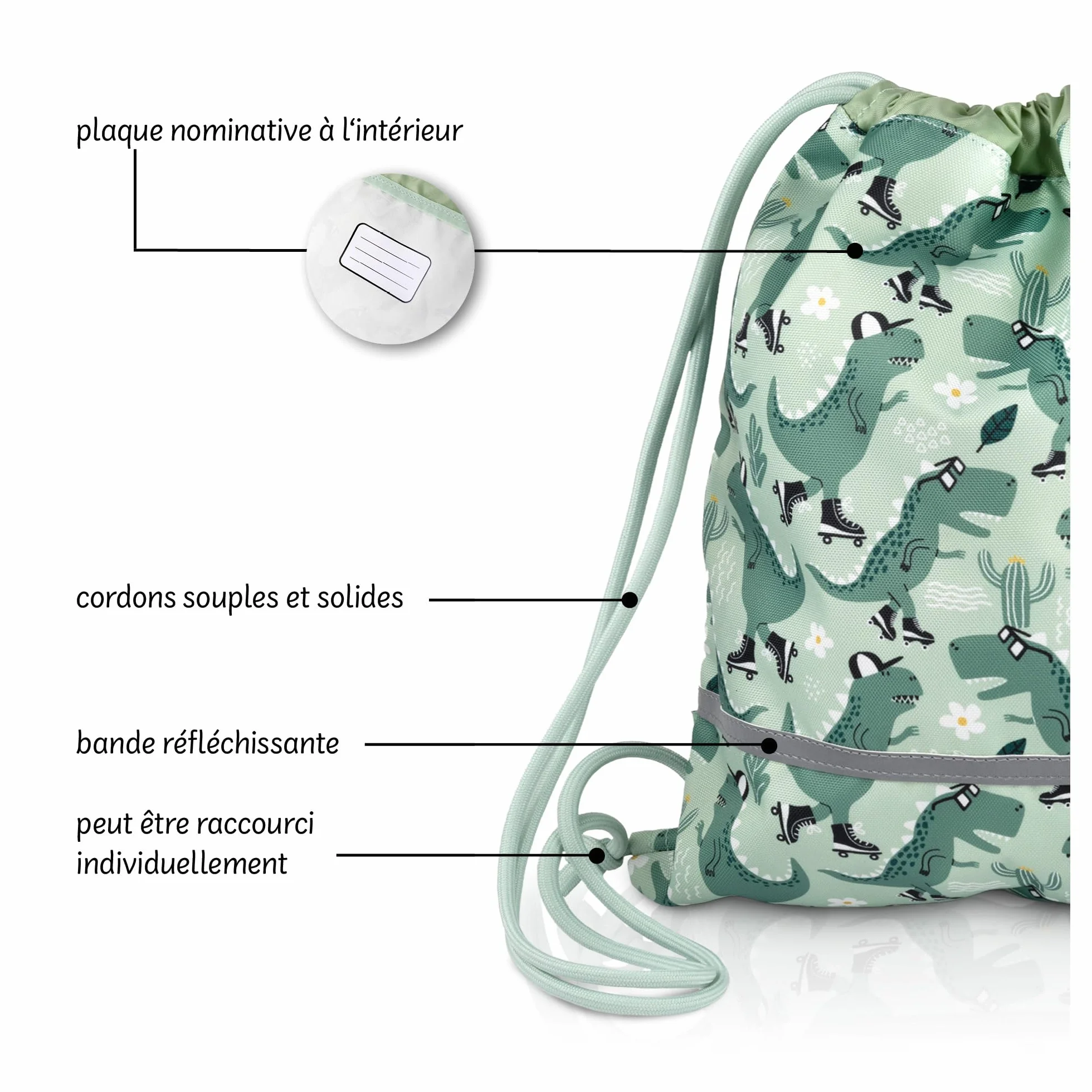 Sac de gym enfant maternelle en polyester recyclé – imperméable, sans PFC, avec réflecteurs et sangle poitrine