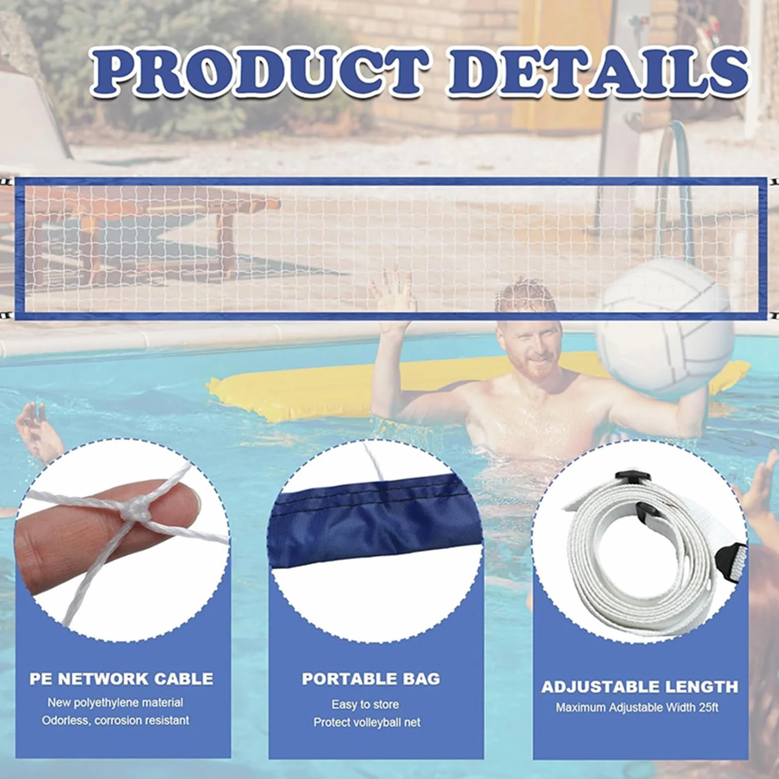 Filet de Volley-Ball pour Piscine 4,5 x 0,9 m Portable Résistant Jardin