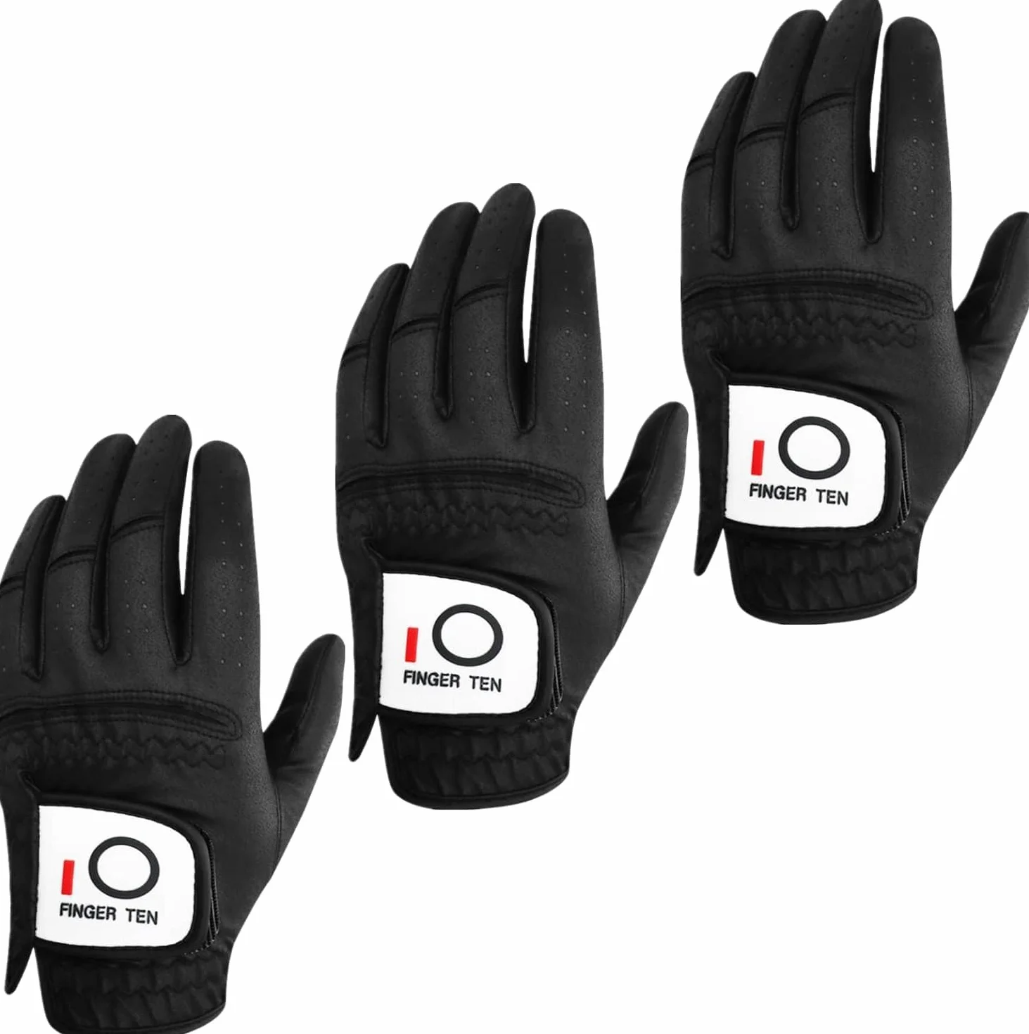 FINGER TEN Gant De Golf Hommes Main Gauche pour Golfeur droitier Pluie poignée Paquet De 3，Gant de Golf Confortable Doux synthétique Tous Les Temps Taille adaptée S M L XL ML Blanc Noir