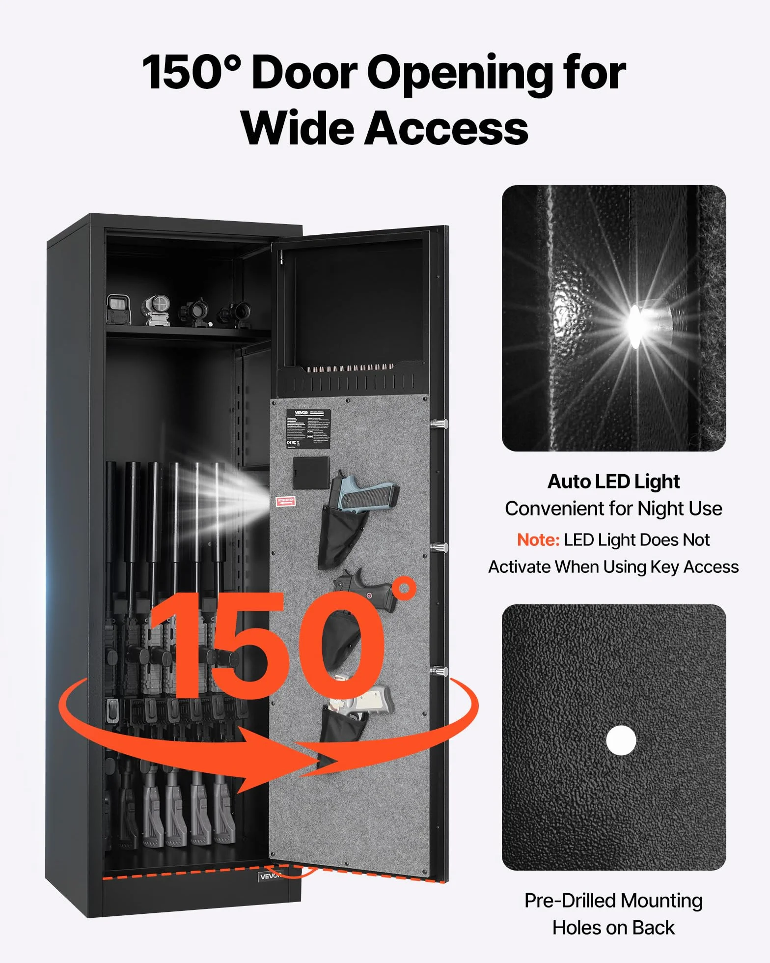 VEVOR Armoire à 8-10 Fusils, Coffre-Fort pour Armes à Feu Verrouillage par Empreinte Digitale et Mot de Passe et Clés, avec 3 Poches pour Pistolets et Supports Réglables, Accès Rapide, pour Domicile