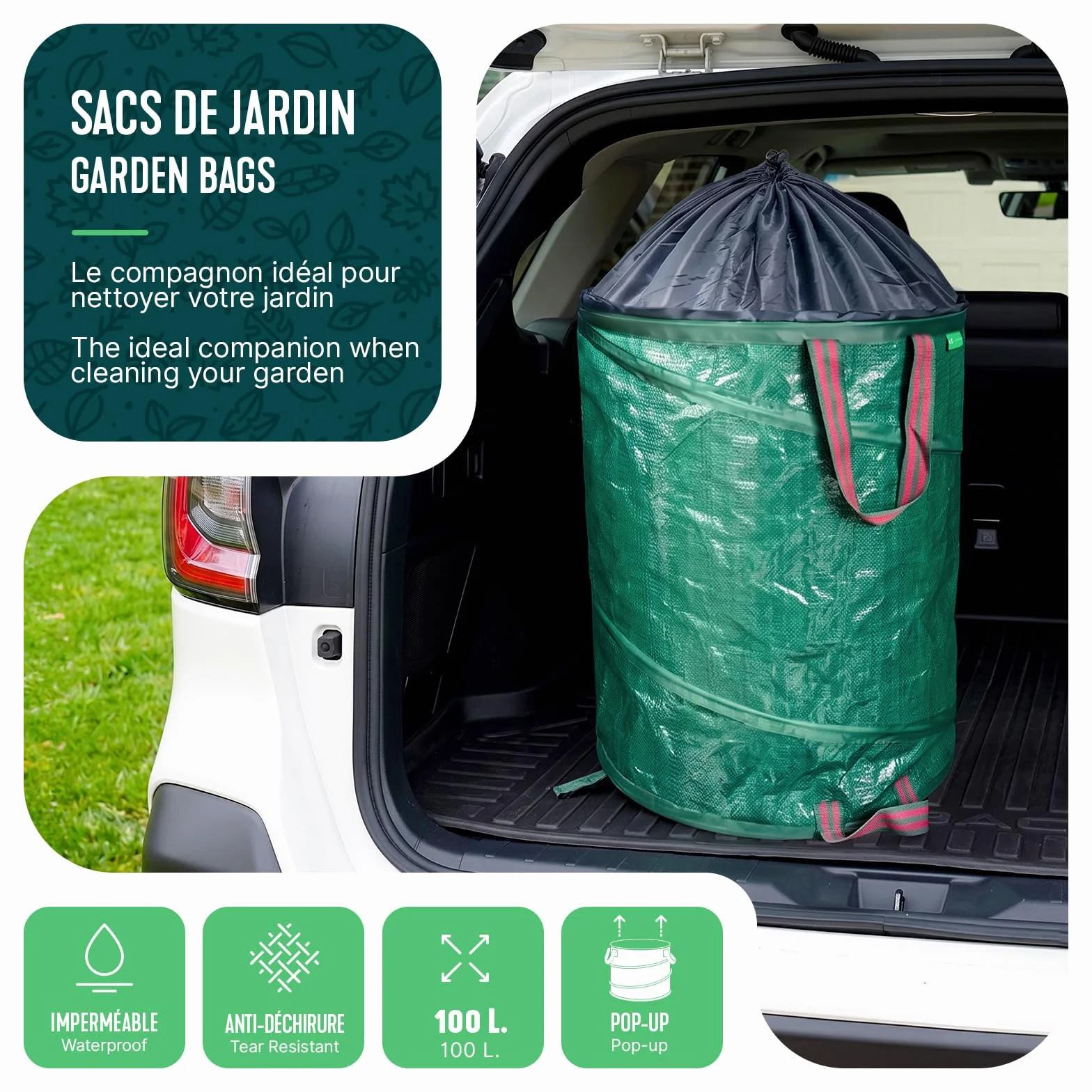 VOUNOT Lot de 3 Sac de Jardin Pop up 100L Polyéthylène Poignées Seau Réutilisable Feuille Sacs déchets Ultra Résistants Pliable Poubelle Vert