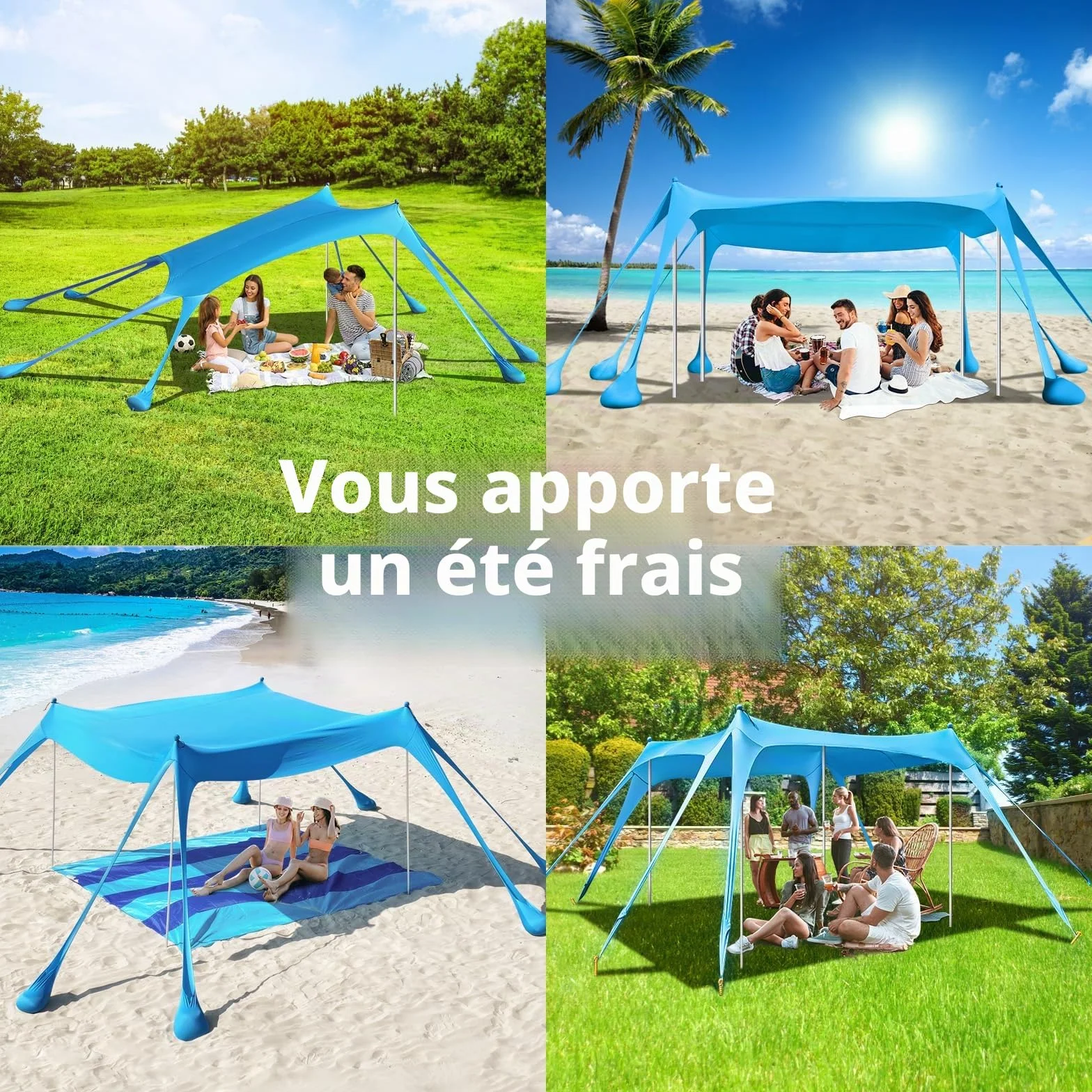 Rhino Valley UPF50+ Tente de Plage, Tente de Jardin Anti-Soleil avec 8 Sacs de Sable à Insertion, Abris de Plage Extérieurs avec 4 Poteaux de Support pour Pique-Niques