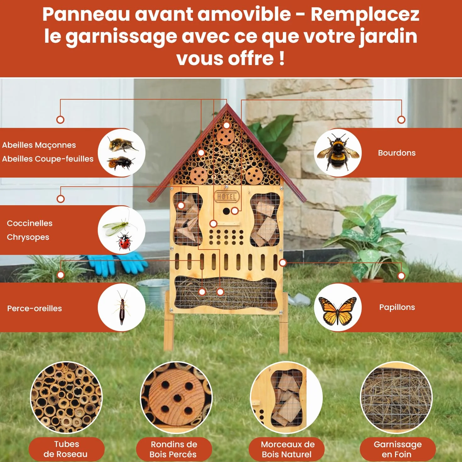 Grand hôtel à insectes XXL en bois résistant aux intempéries – Hôtel à abeilles avec piquet de sol, suspendre ou poser