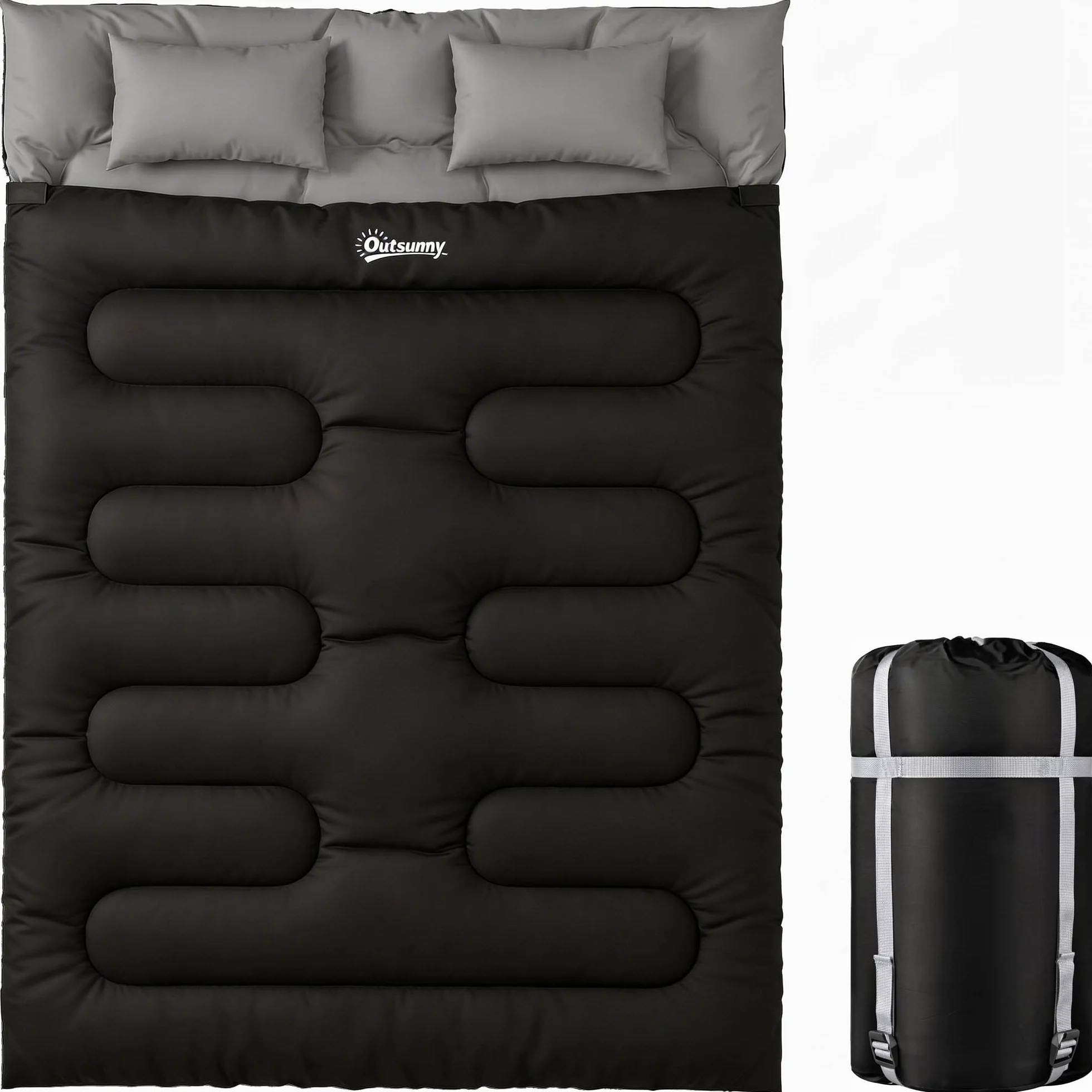 Outsunny Sac de Couchage Double Adulte Modulable 2 Oreillers Coton Creux 400 g/m² Camping Randonnée Noir