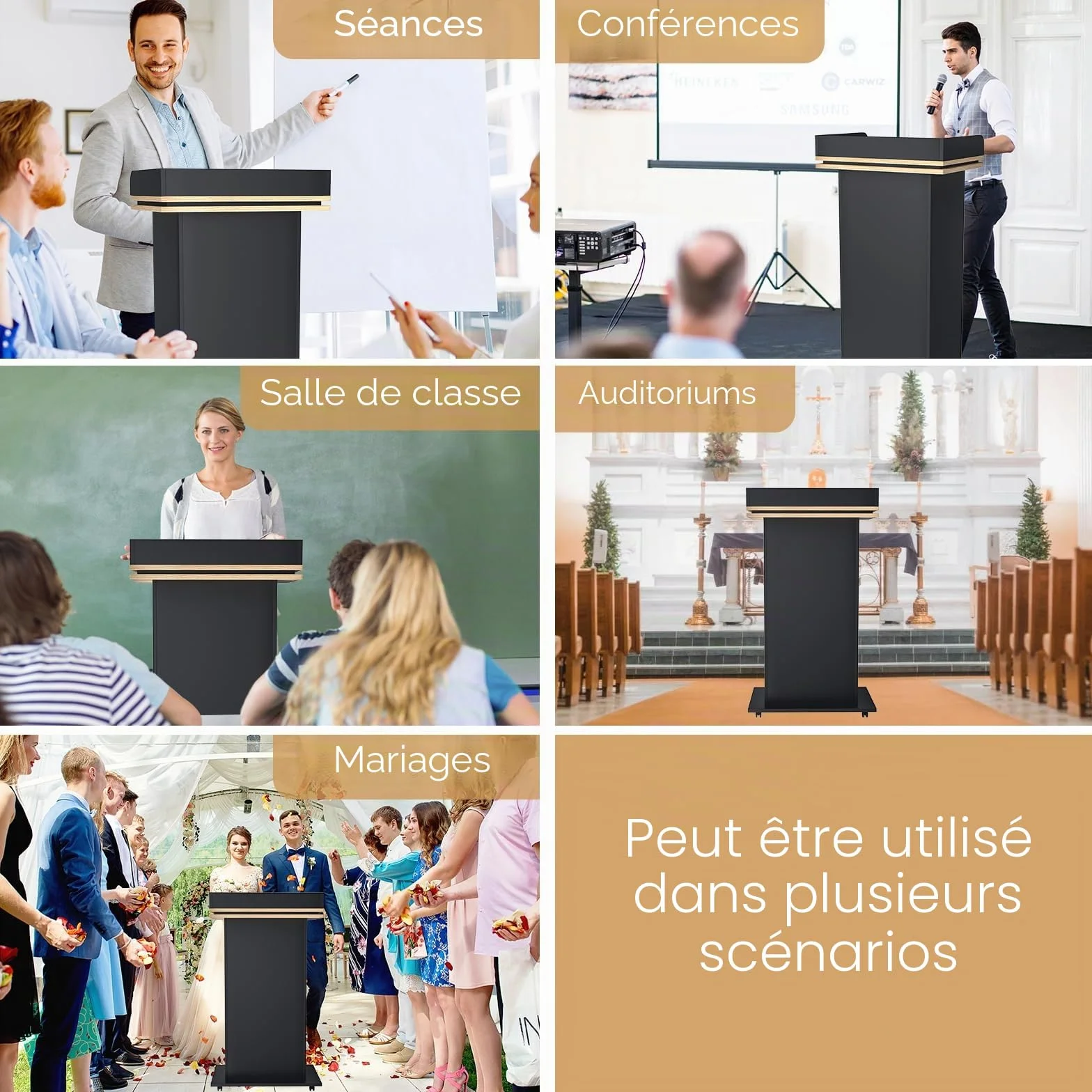 Podium en bois massif premium avec tiroir extensible, roues et compartiment double couche pour église, conférence, école