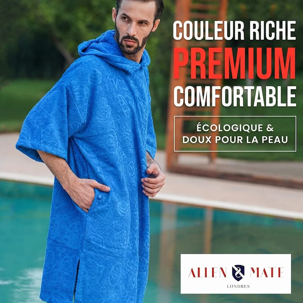 ALLEN & MATE Poncho de Surf à Capuche 100% Coton – Peignoir de Change Absorbant Plage & Piscine pour Homme et Femme