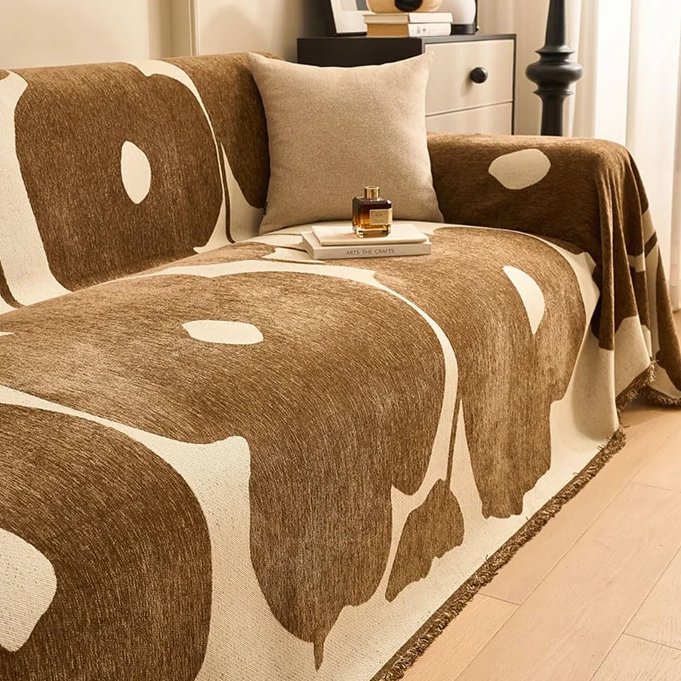 Housse de Canapé Chenille Anti-Poussière Protège Canapé Anti Griffe Chat Lavable Brun 180x340cm