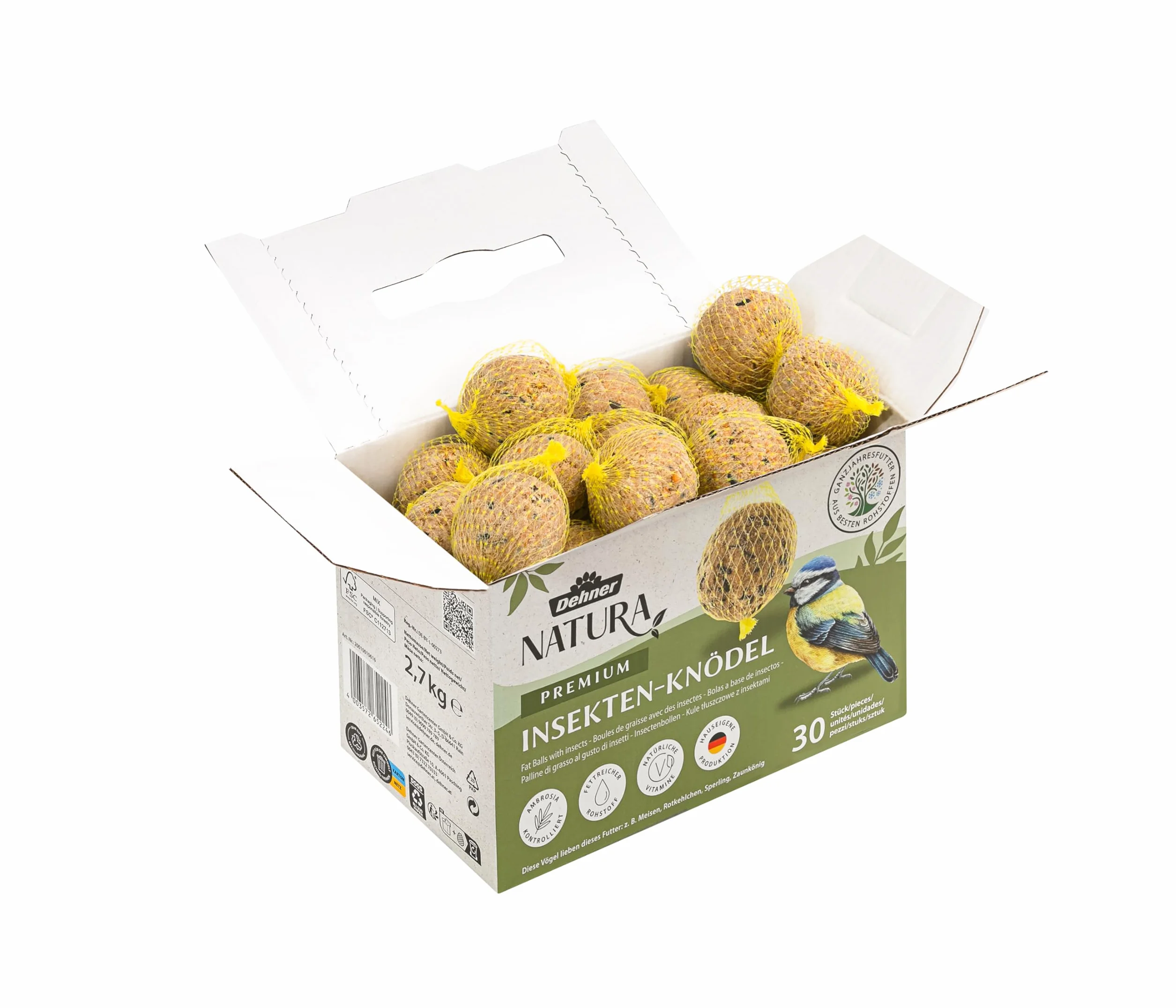Dehner Natura Premium Nourriture pour Oiseaux Sauvages, Boules de Graisse aux Insectes avec Filet, 30 x 90 g (2,7 kg)