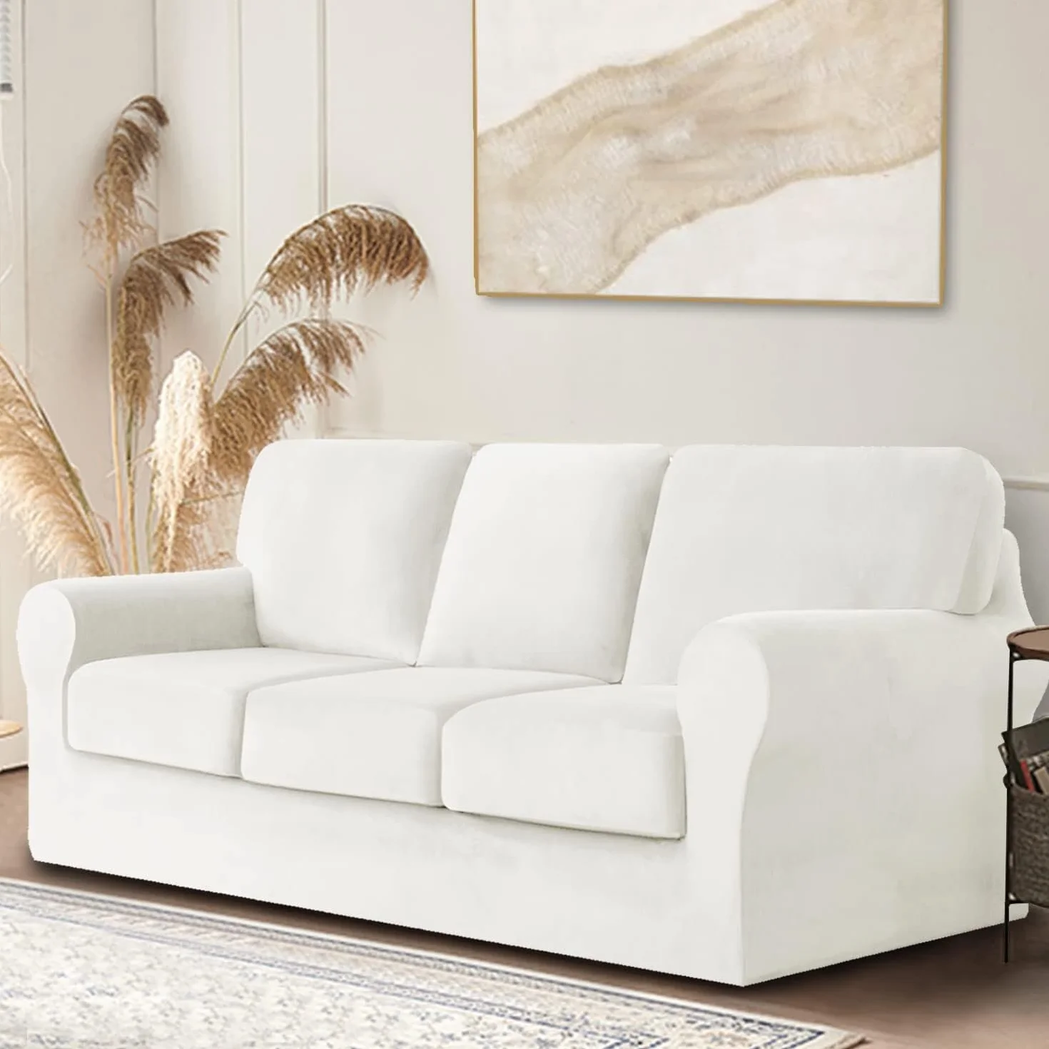 Housse de canapé 2 places extensible 5 pièces avec coussins séparés housses dossier, remplacement salon Bianco