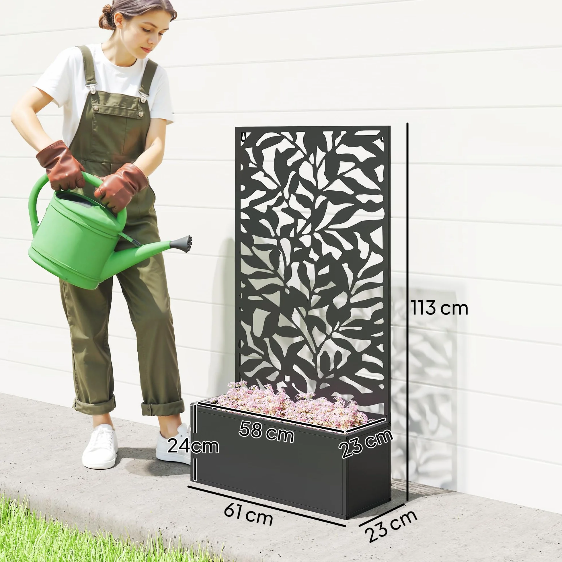 Outsunny Jardinière avec Treillis Brise-Vue Métal 61x23x113cm Noir