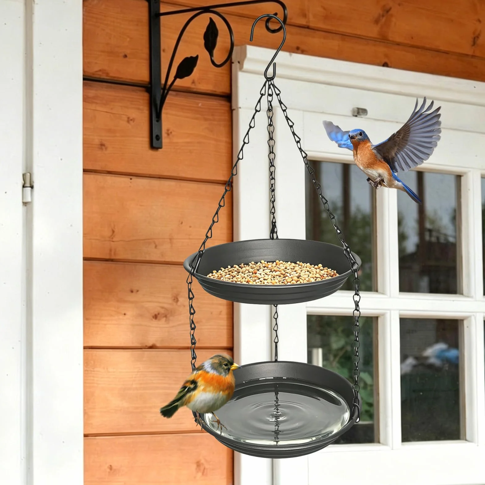 Abreuvoir à Oiseaux Suspendu 2 en 1 Deux Niveaux Mangeoire Oiseaux pour Jardin Balcon
