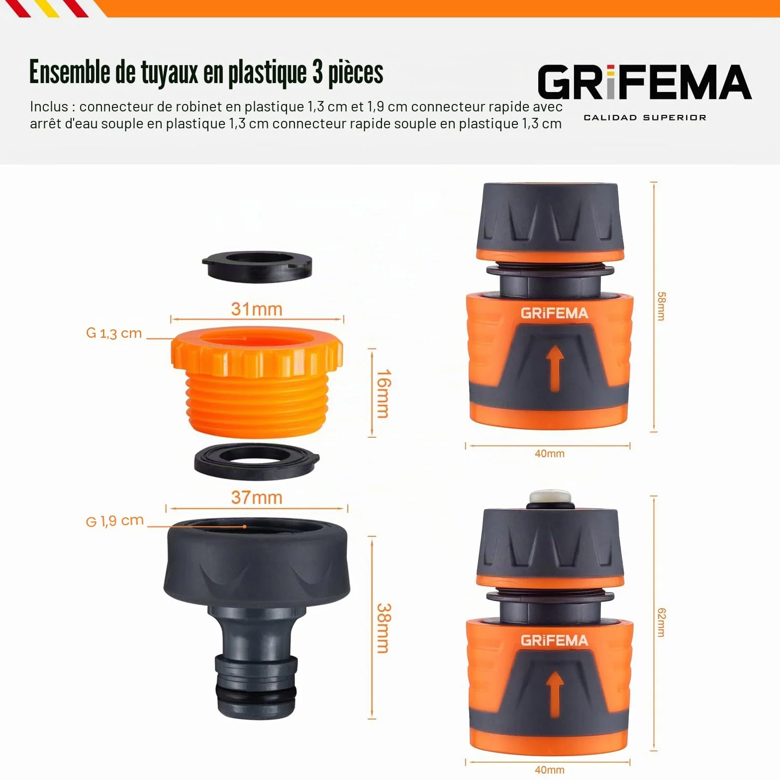 GRIFEMA GE1103 Kit de Raccordement de Robinet Jardin Connecteur Waterstop 1/2" Connexion Rapide Femelle 3/4" Gris Orange