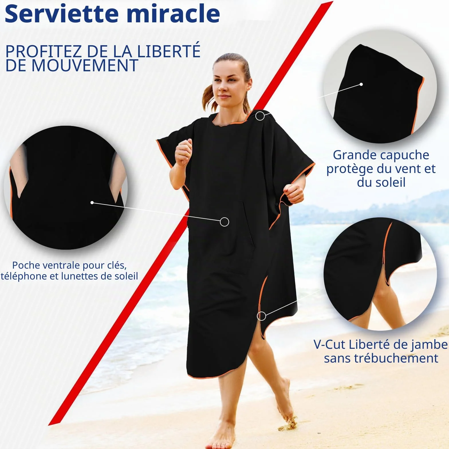 KUOGAS Poncho de Serviette, Poncho de Douche à Séchage Rapide en Microfibre (Noir, Medium)