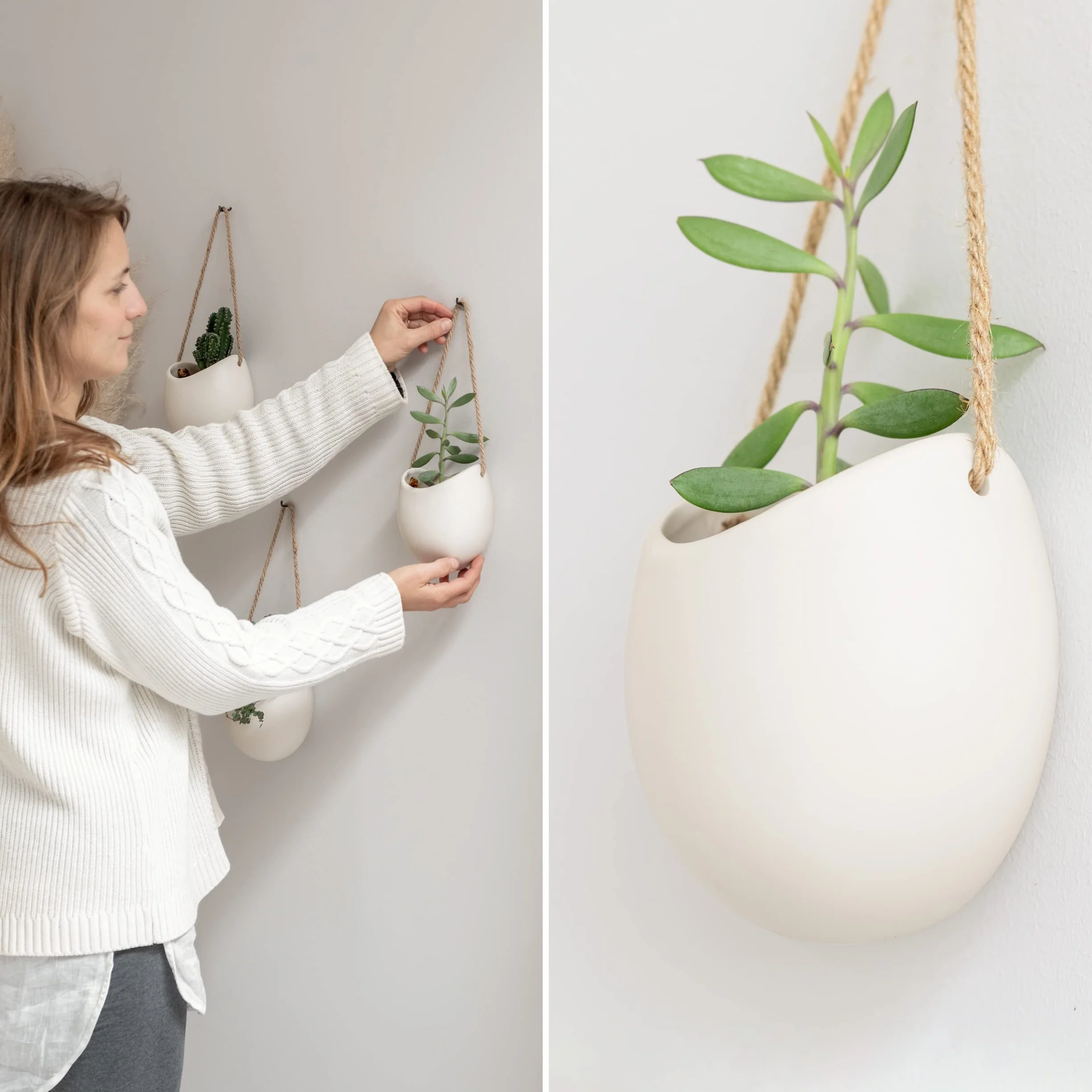 Kazai Pots de Fleurs Muraux Ellie 3 pièces Céramique Suspendus Décoration Murale Crème Mat