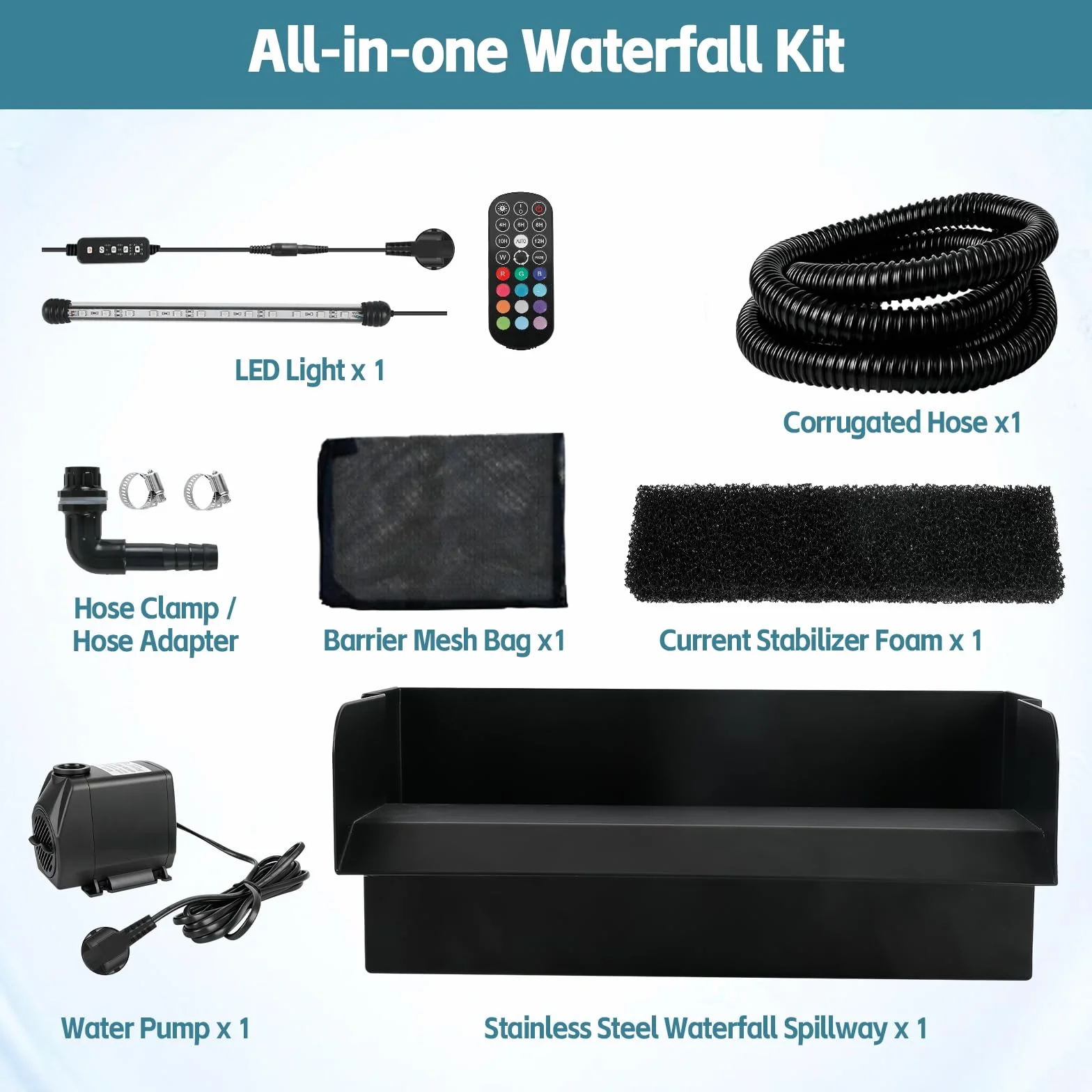 Kit de filtre cascade bassin 45 W 3000 l/h acier inoxydable 30 cm LED colorée