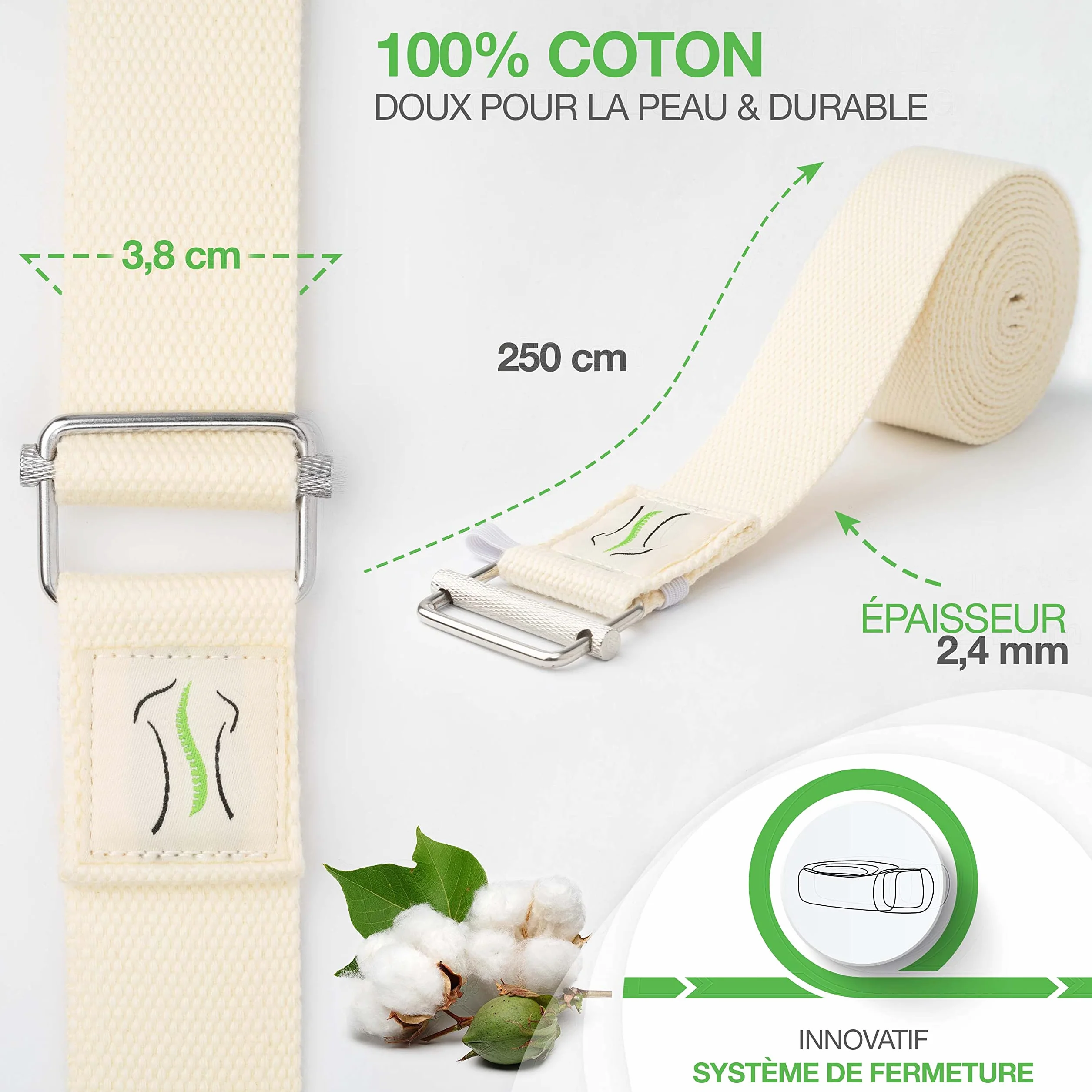 BACKLAxx ® Sangle yoga – Sangle coton pour yoga durable de 250 cm de long avec fermeture pratique en métal - Idéale pour le Pilates et les étirements – vidéos d'application inclu