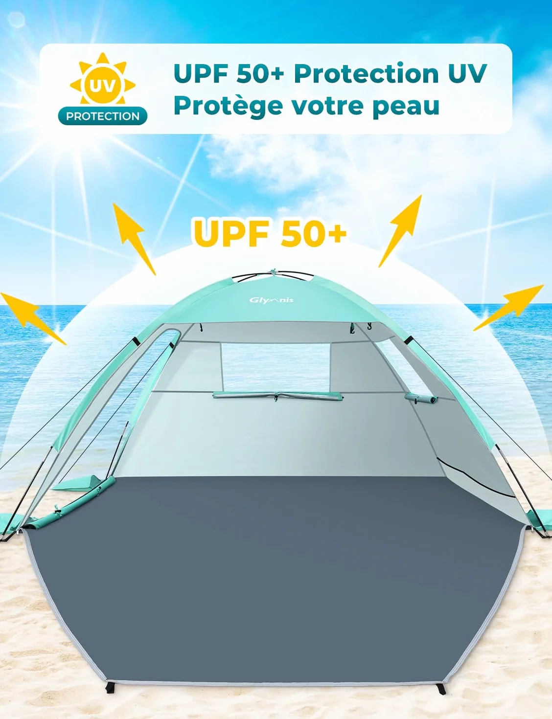 Glymnis Tente de Plage, Tente Anti-UV, Protection UPF 50+, Abri de Plage Facile à Installer et à Transporter pour Plage, Parc, Camping et pêche
