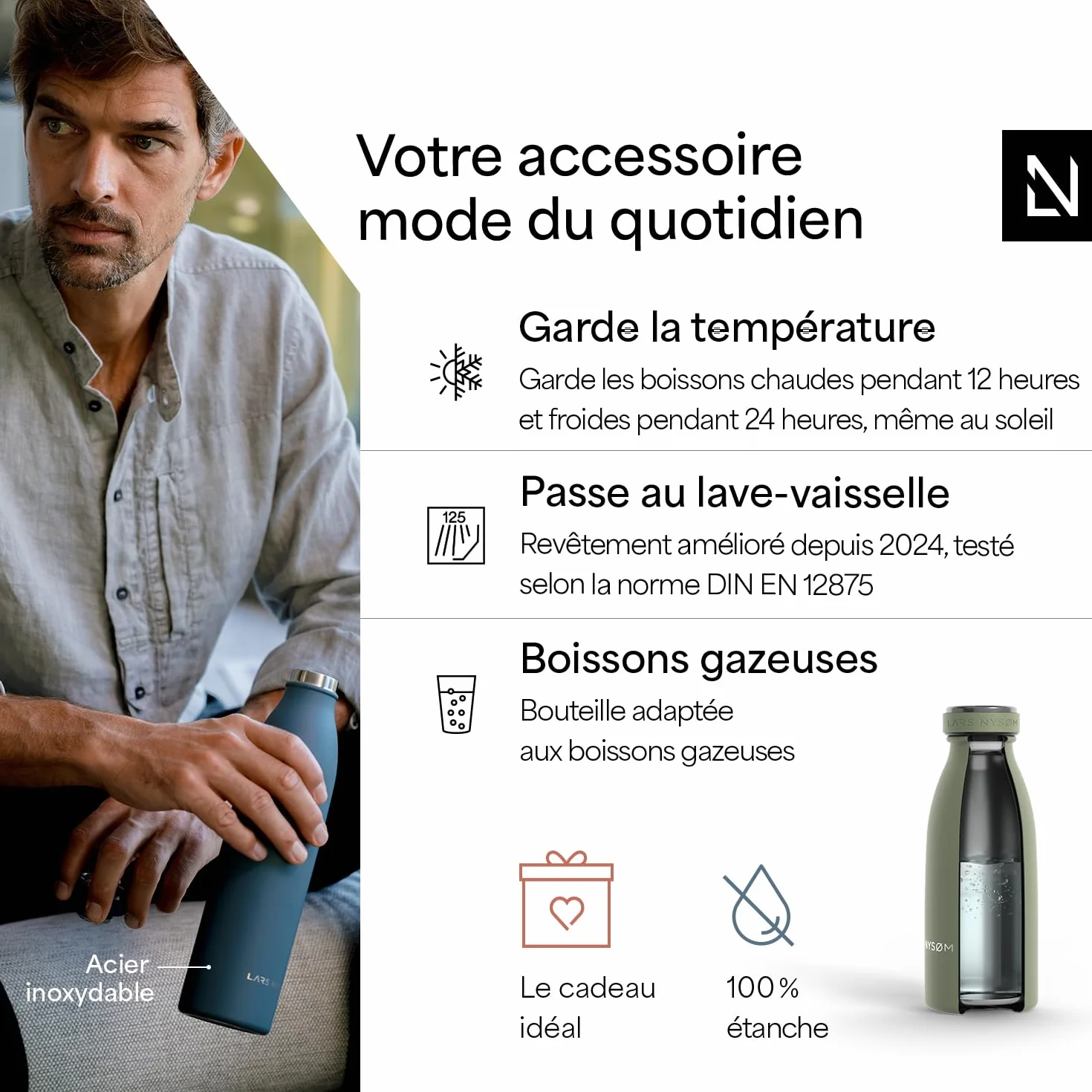 LARS NYSØM Gourde INOX 350ml | 0.35L Bouteille d’eau isolée | Gourde étanche pour Le Sport, la Bicyclette (Sage Green, 350ml)