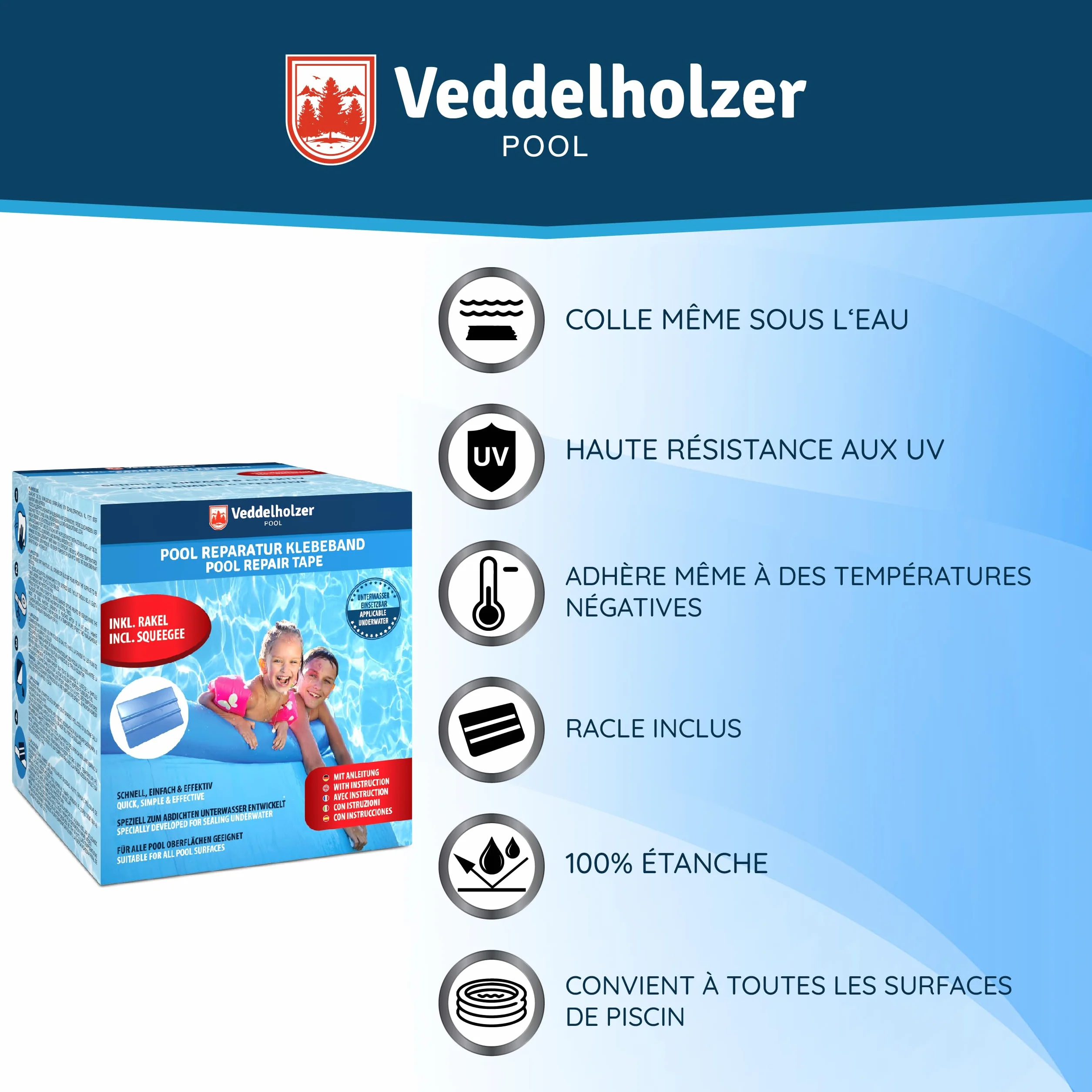 Veddelholzer Ruban d'étanchéité 10 cm x 150 cm transparent flexible pour piscine