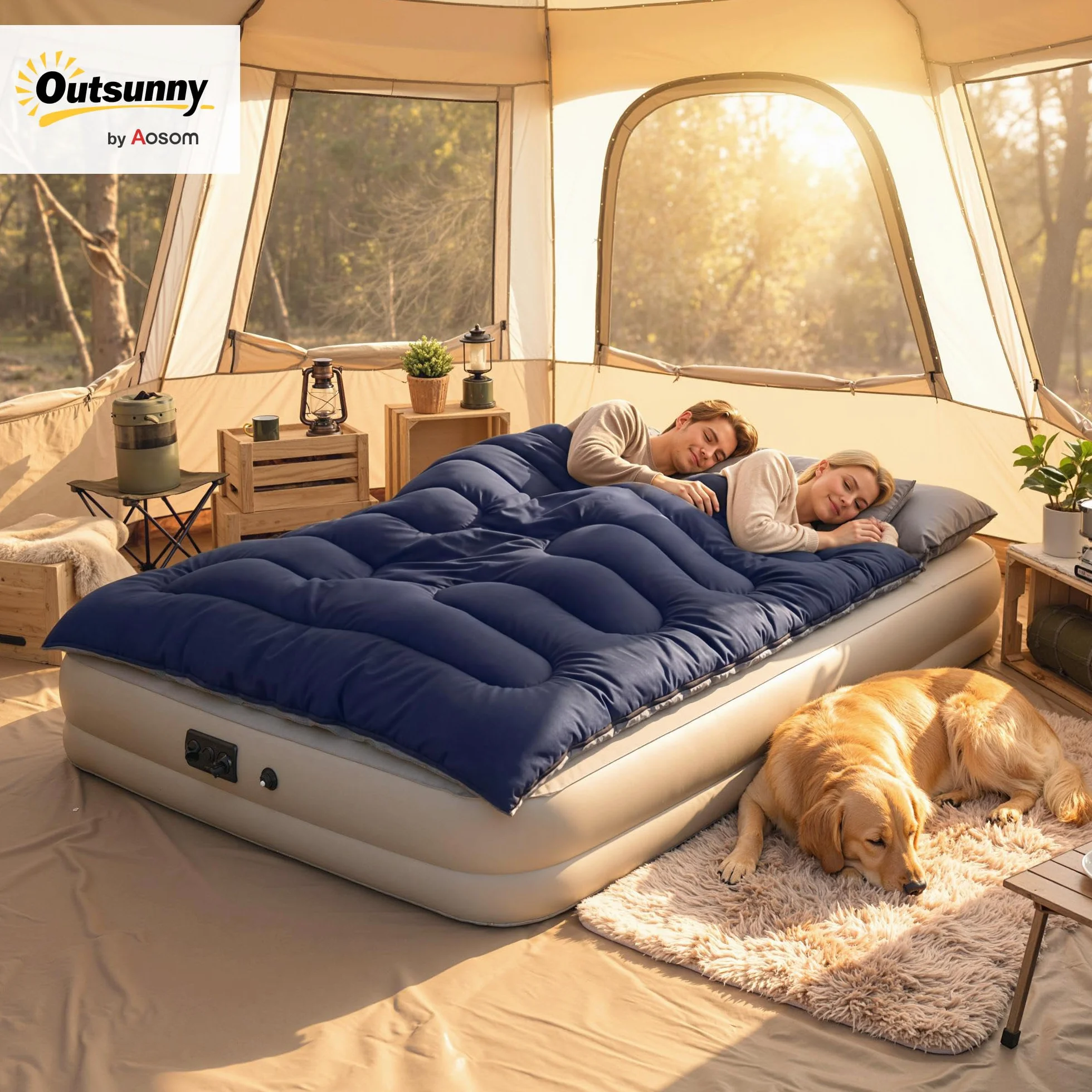 Outsunny Sac de couchage double adulte, léger, taille Queen pour 2 personnes 3 saisons, sac de couchage rectangulaire avec 2 oreillers et sac de transport, pour les jours froids, le camping, la