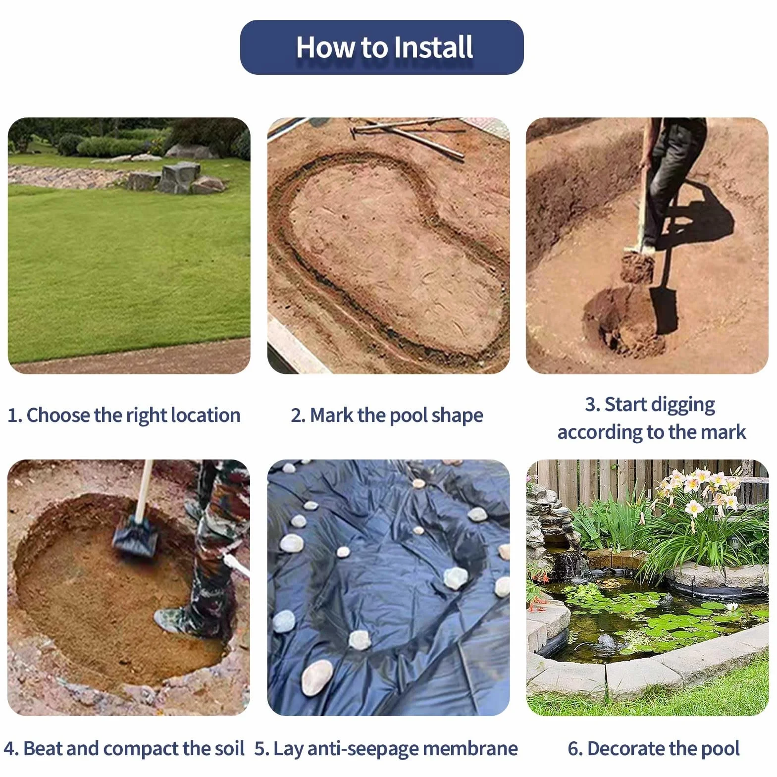 Bâche HDPE Revêtement de Bassin Noir 5x8m 6x10m 8x12m 10x15m Anti-Humidité Jardin Aquatique