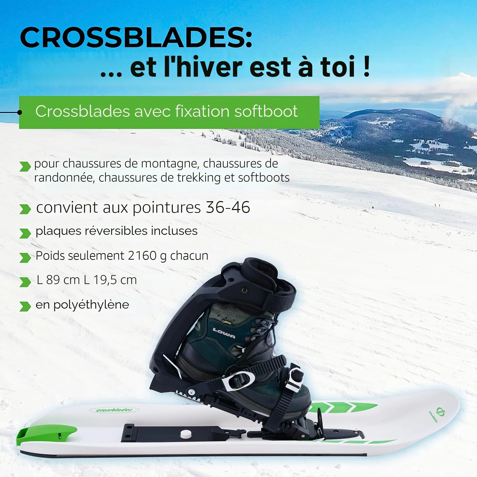 Softboot Raquettes à Neige Blanches 36-46 I 3 en 1 pour Monter, Conduire, Glisser I Raquettes à Neige pour Ski avec Chaussures de randonnée