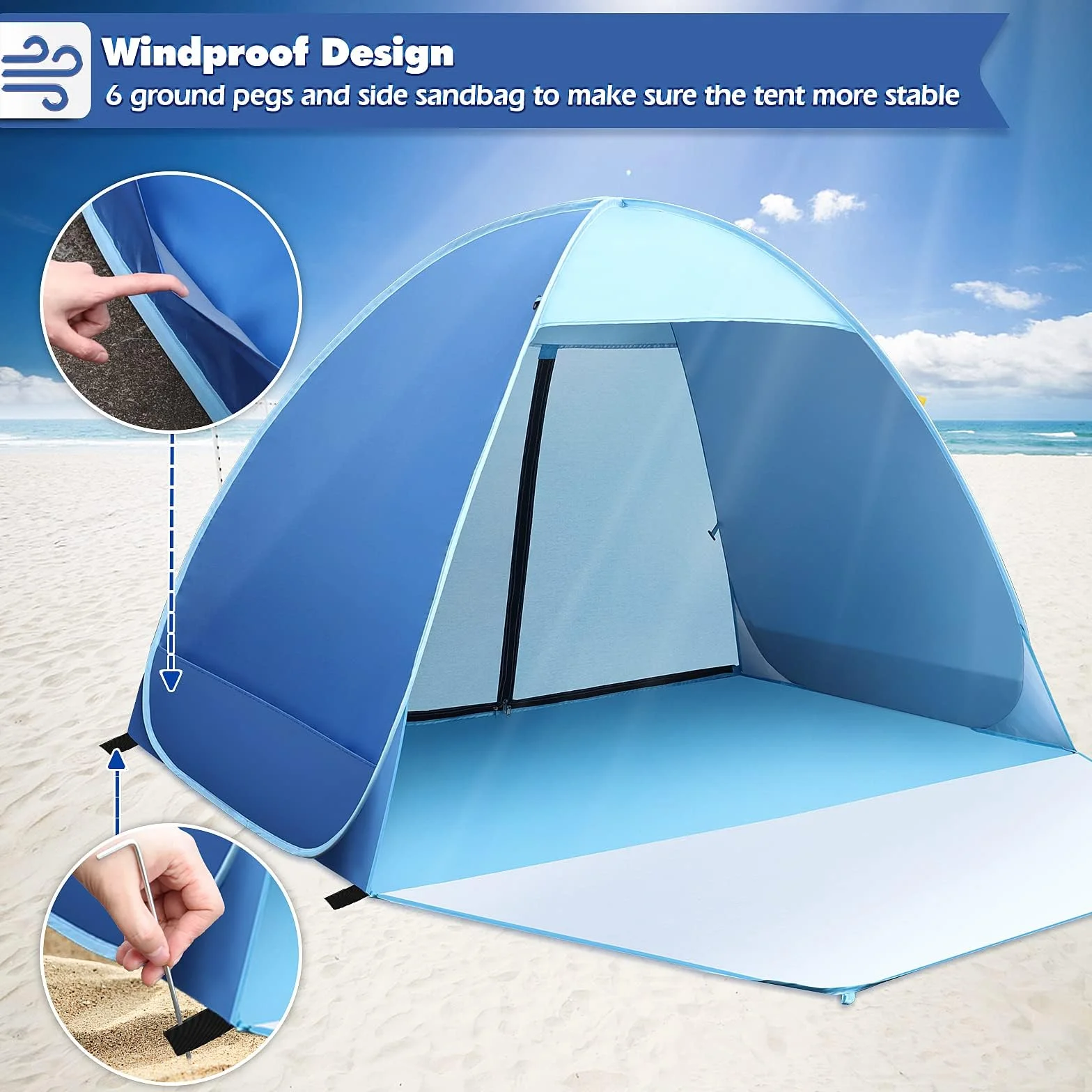 Tente de Plage, Tente de Plage Anti UV 50+ avec Porte Arrière Zippée Abri de Plage 1-2 Personnes Petit Emballage pour Protection Solaire Plage, Jardin